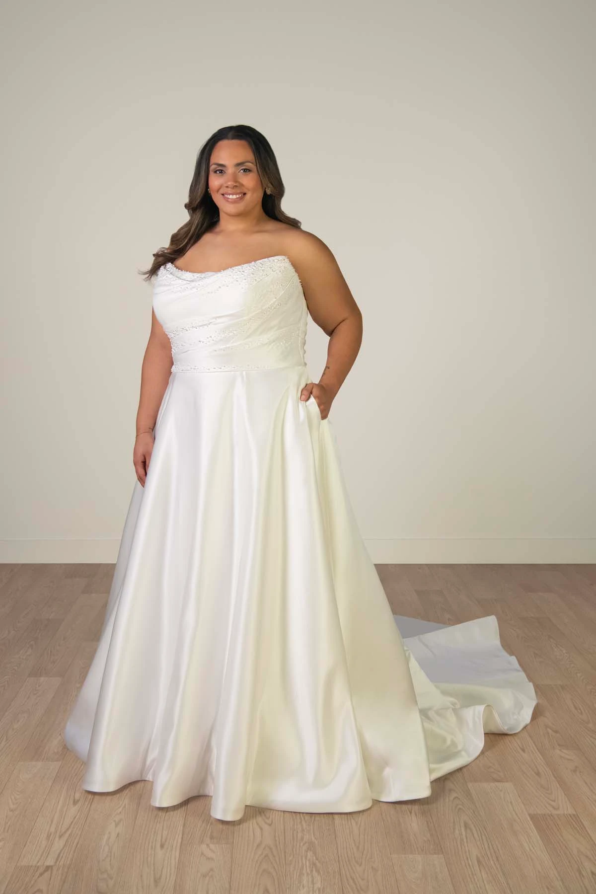 sy8318 Strapless Satin A-Line Wedding Gown with Pearlescent Beading and Pockets by Stella York