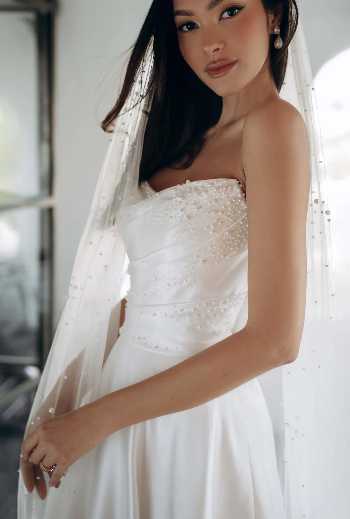 sy8318 Strapless Satin A-Line Wedding Gown with Pearlescent Beading and Pockets by Stella York