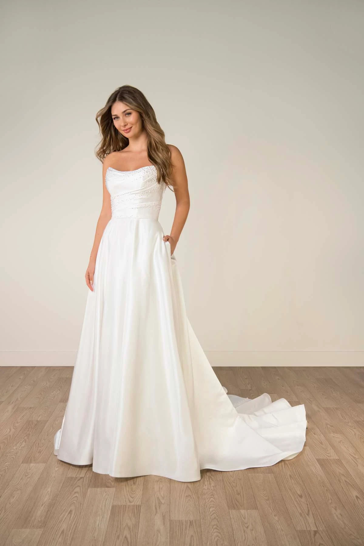 sy8318 Strapless Satin A-Line Wedding Gown with Pearlescent Beading and Pockets by Stella York