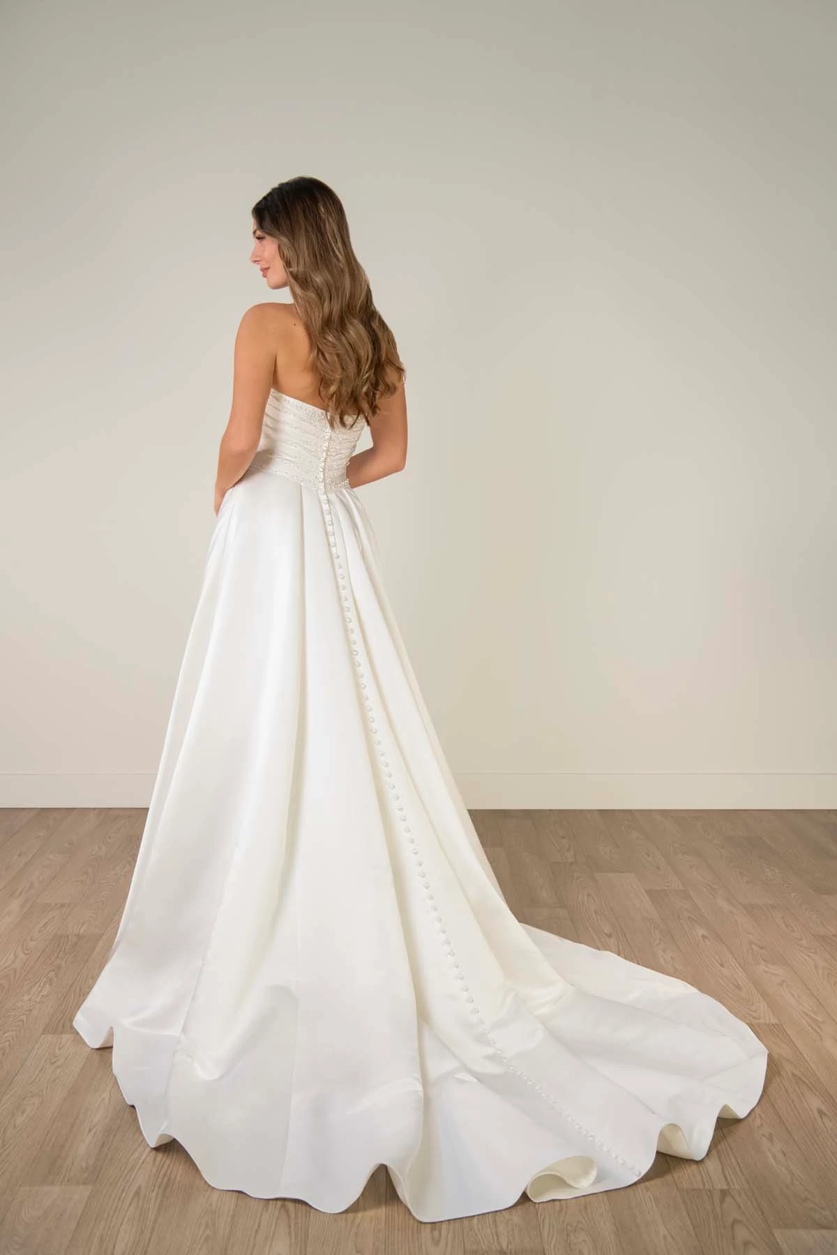 sy8318 Strapless Satin A-Line Wedding Gown with Pearlescent Beading and Pockets by Stella York