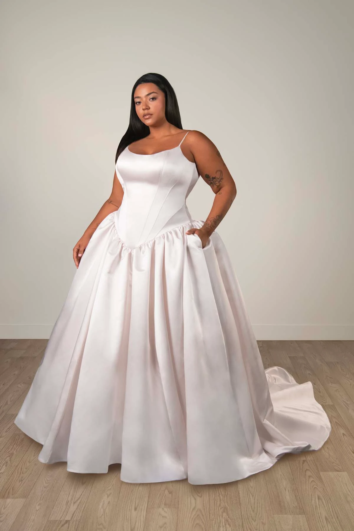 sy8334 Scoop Neckline Soft Satin Ballgown with Basque Waist and Pockets by Stella York