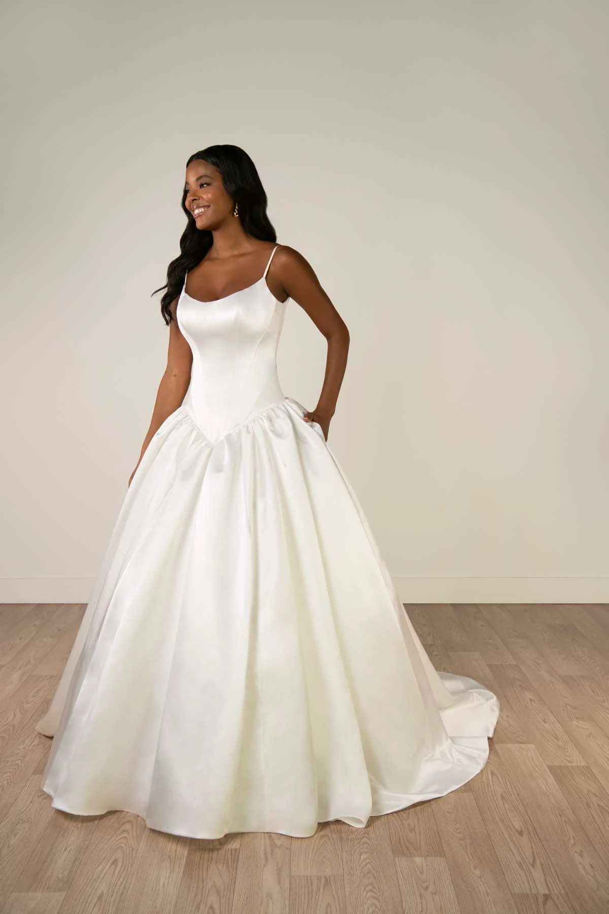 sy8334 Scoop Neckline Soft Satin Ballgown with Basque Waist and Pockets by Stella York