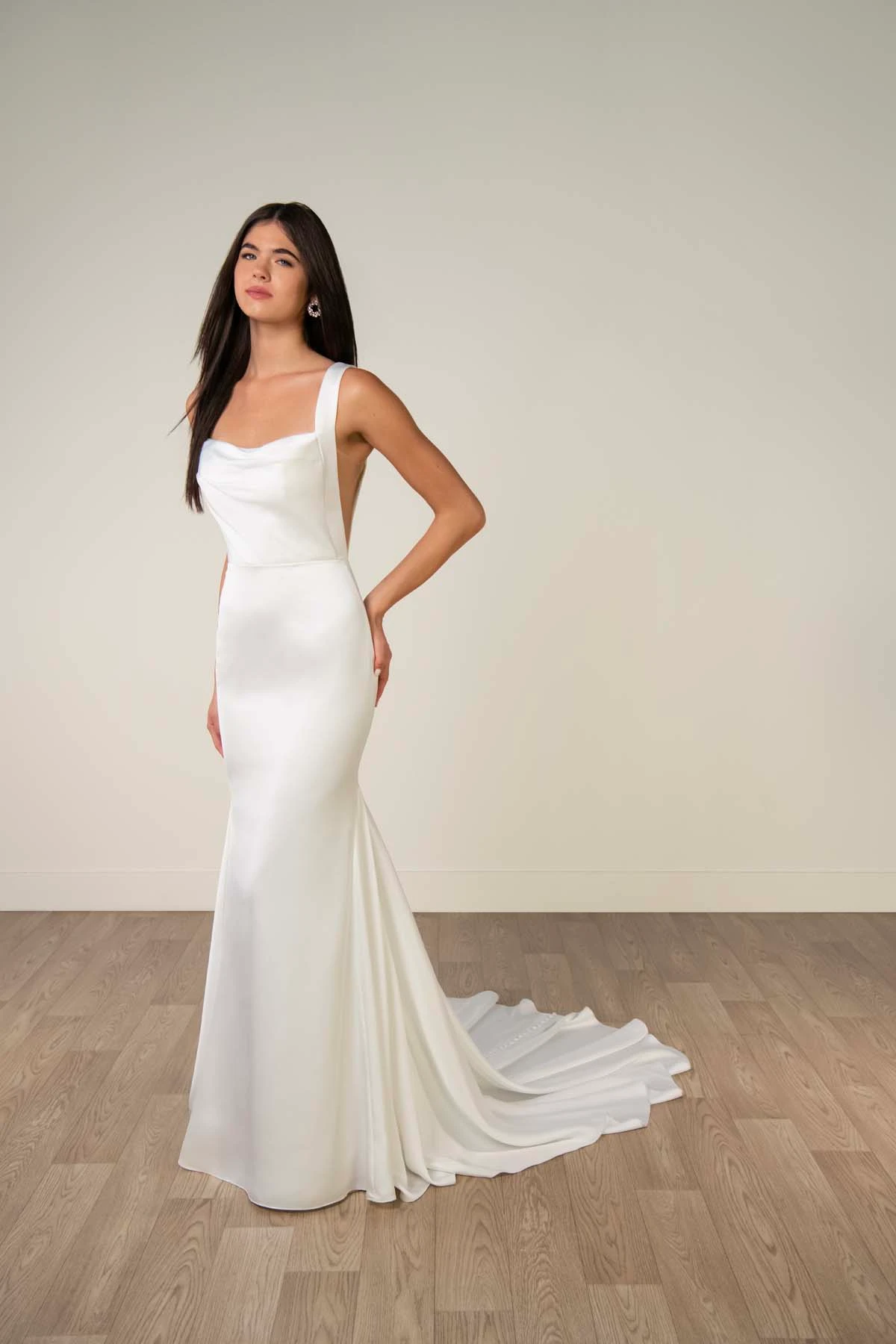 sy8338 Minimalist Belle Satin Fit-and-Flare Wedding Gown by Stella York