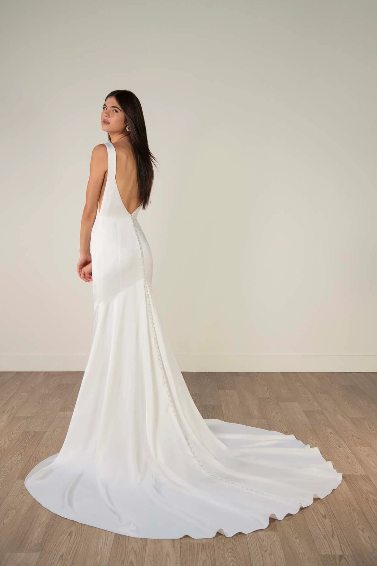 sy8338 Minimalist Belle Satin Fit-and-Flare Wedding Gown by Stella York