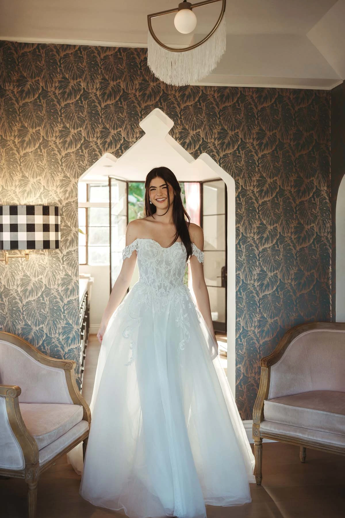 Schulterfreies A-Linien-Brautkleid aus Spitze und Tüll mit abnehmbaren floralen Trägern, SY8345, byStella York