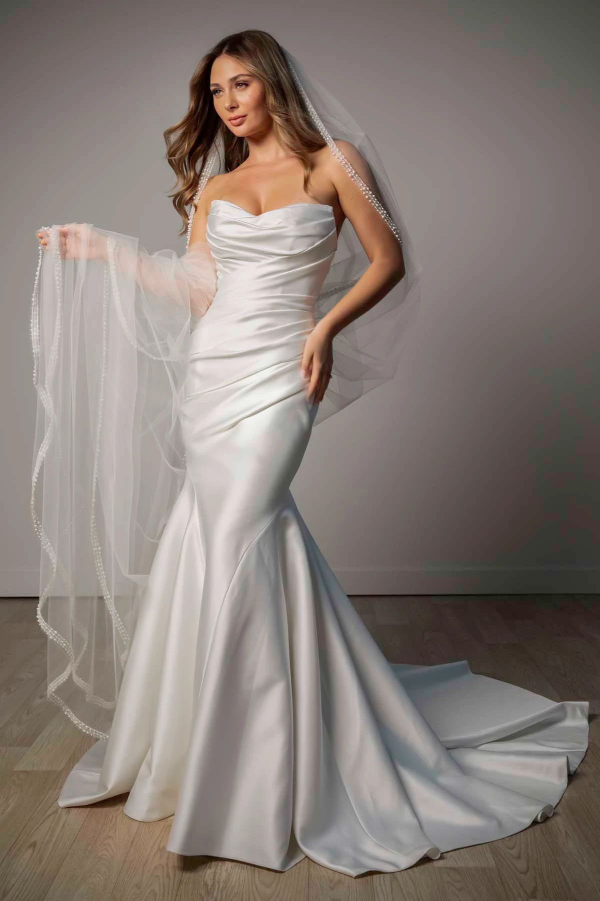 sy8346 Strapless Mikado Fit-and-Flare Wedding Gown with Ruched Bodice by Stella York