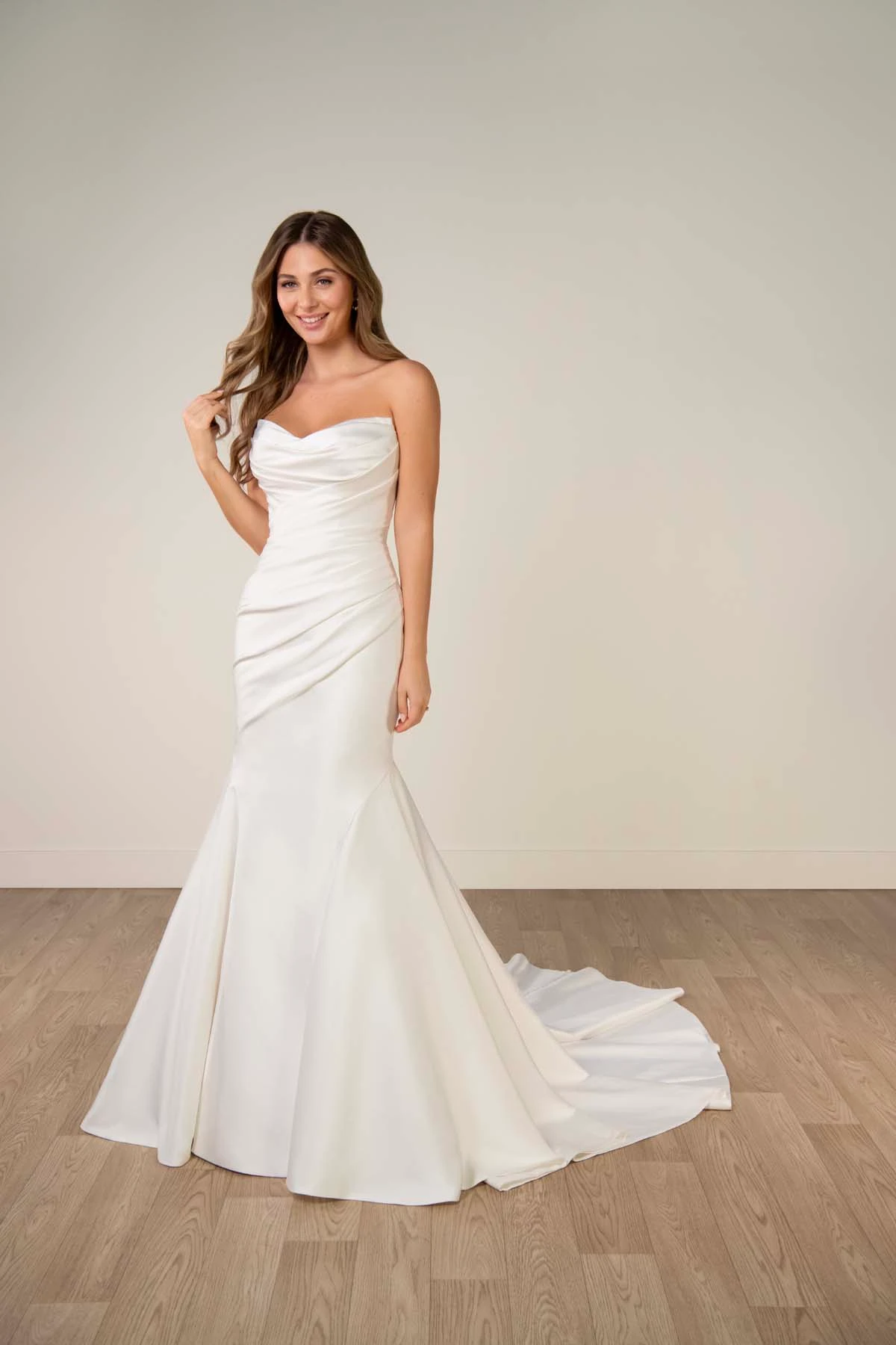 sy8346 Strapless Mikado Fit-and-Flare Wedding Gown with Ruched Bodice by Stella York