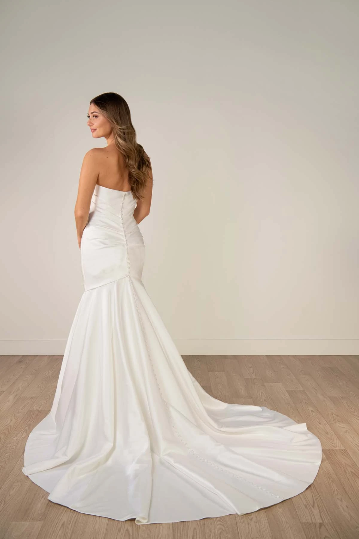 sy8346 Strapless Mikado Fit-and-Flare Wedding Gown with Ruched Bodice by Stella York