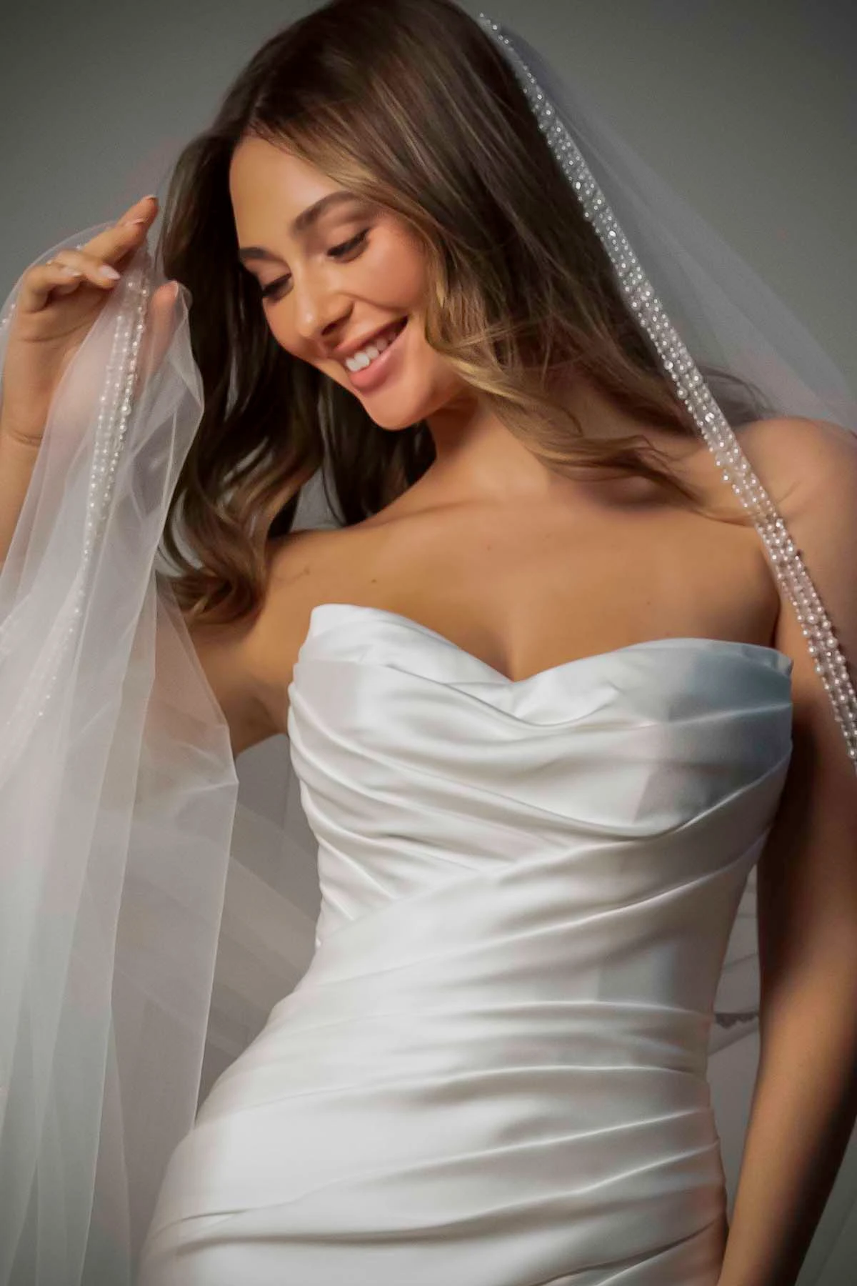 sy8346 Strapless Mikado Fit-and-Flare Wedding Gown with Ruched Bodice by Stella York
