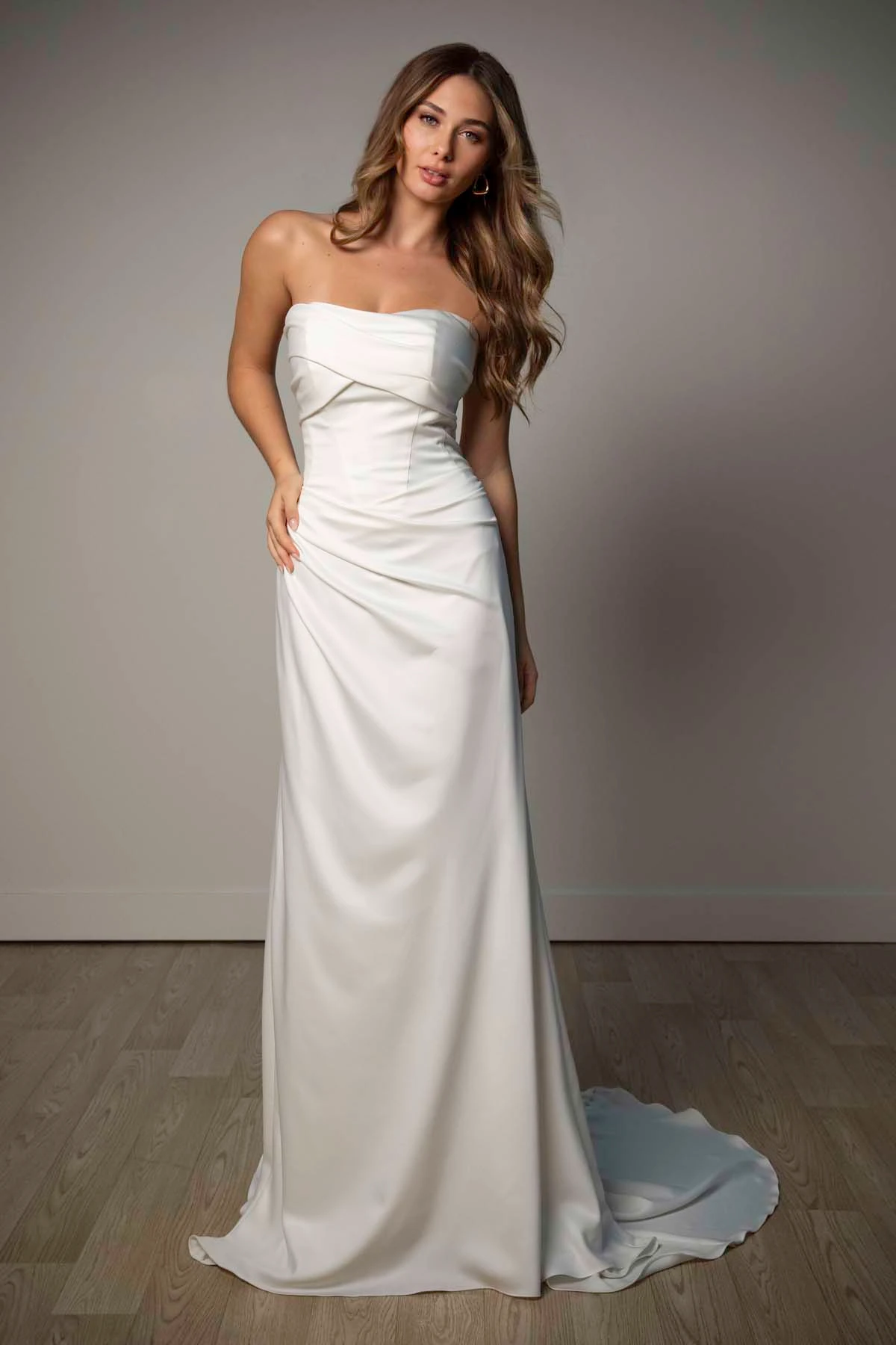 sy8347 Sculptural Soft Satin Strapless Column Wedding Dress by Stella York
