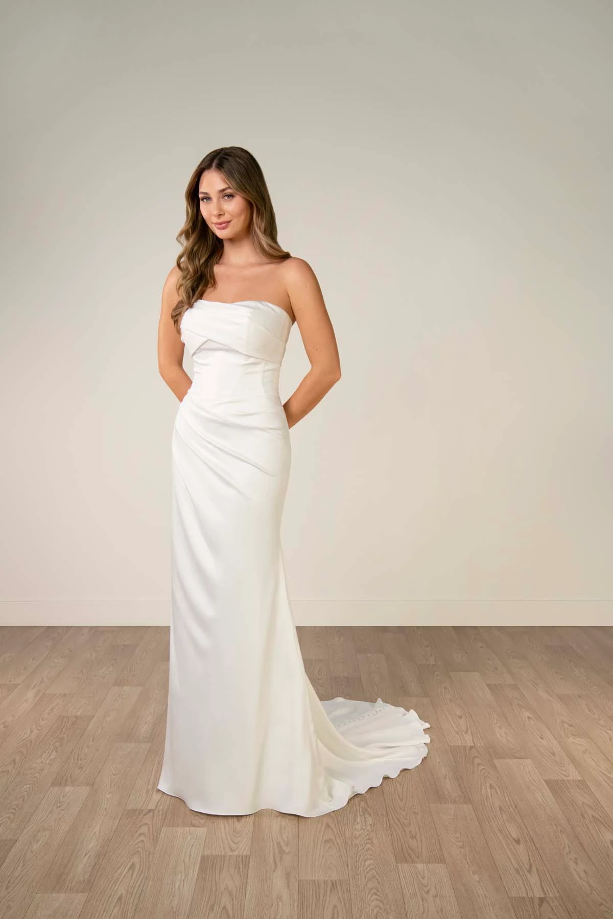 sy8347 Sculptural Soft Satin Strapless Column Wedding Dress by Stella York