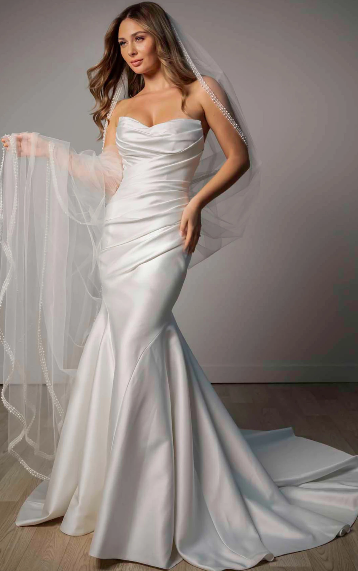 sy8346 Strapless Mikado Fit-and-Flare Wedding Gown with Ruched Bodice  by Stella York