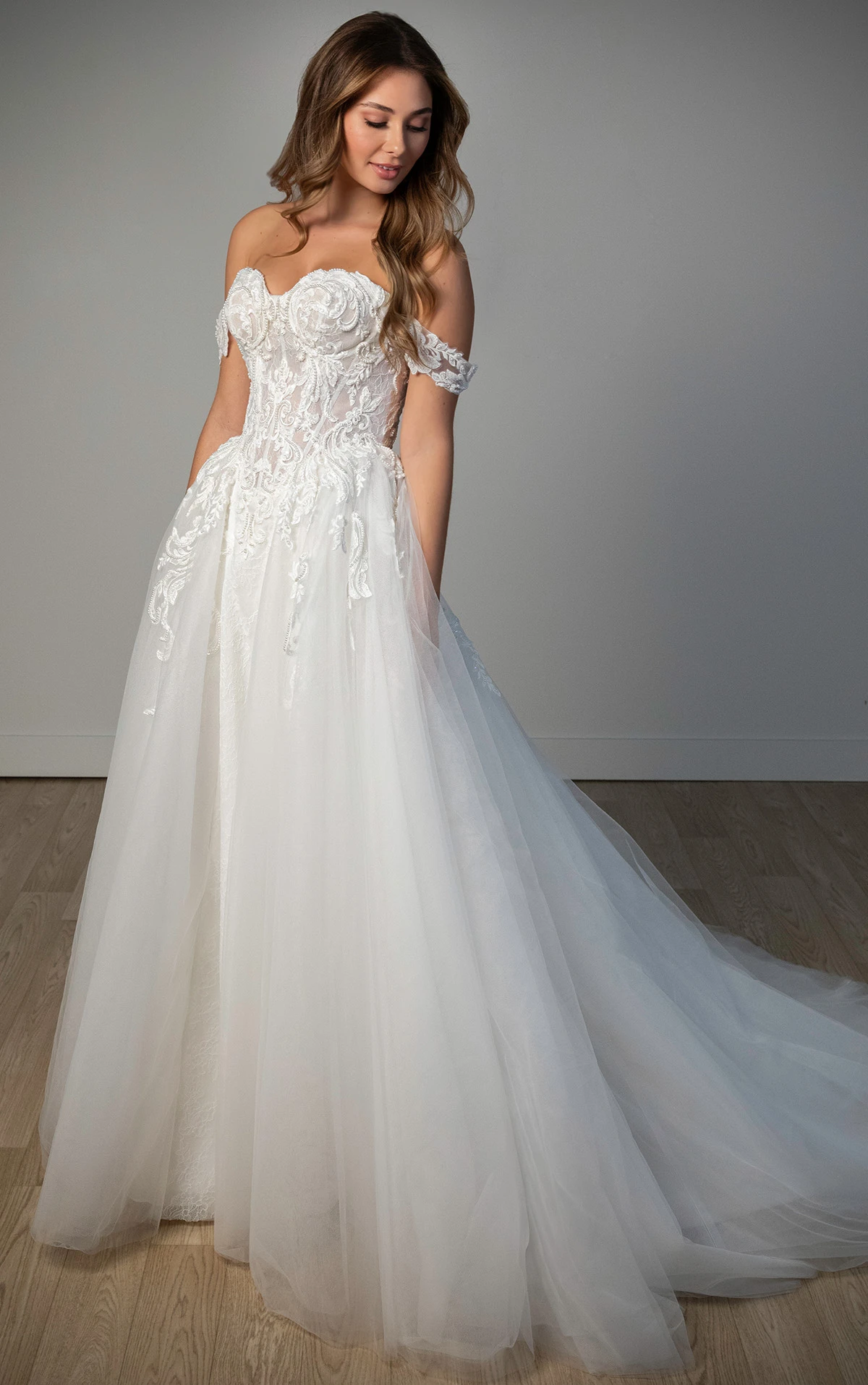 sy8345 Off-the-Shoulder Lace and Tulle A-Line Wedding Gown with Detachable Floral Straps by Stella York