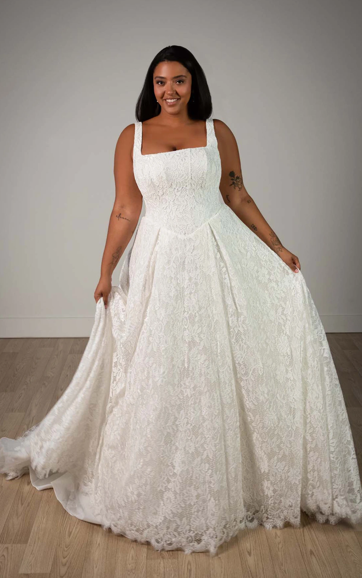 sy8344+ Plus Size Square Neckline Allover Lace A-Line Wedding Gown with Corset Bodice  by Stella York