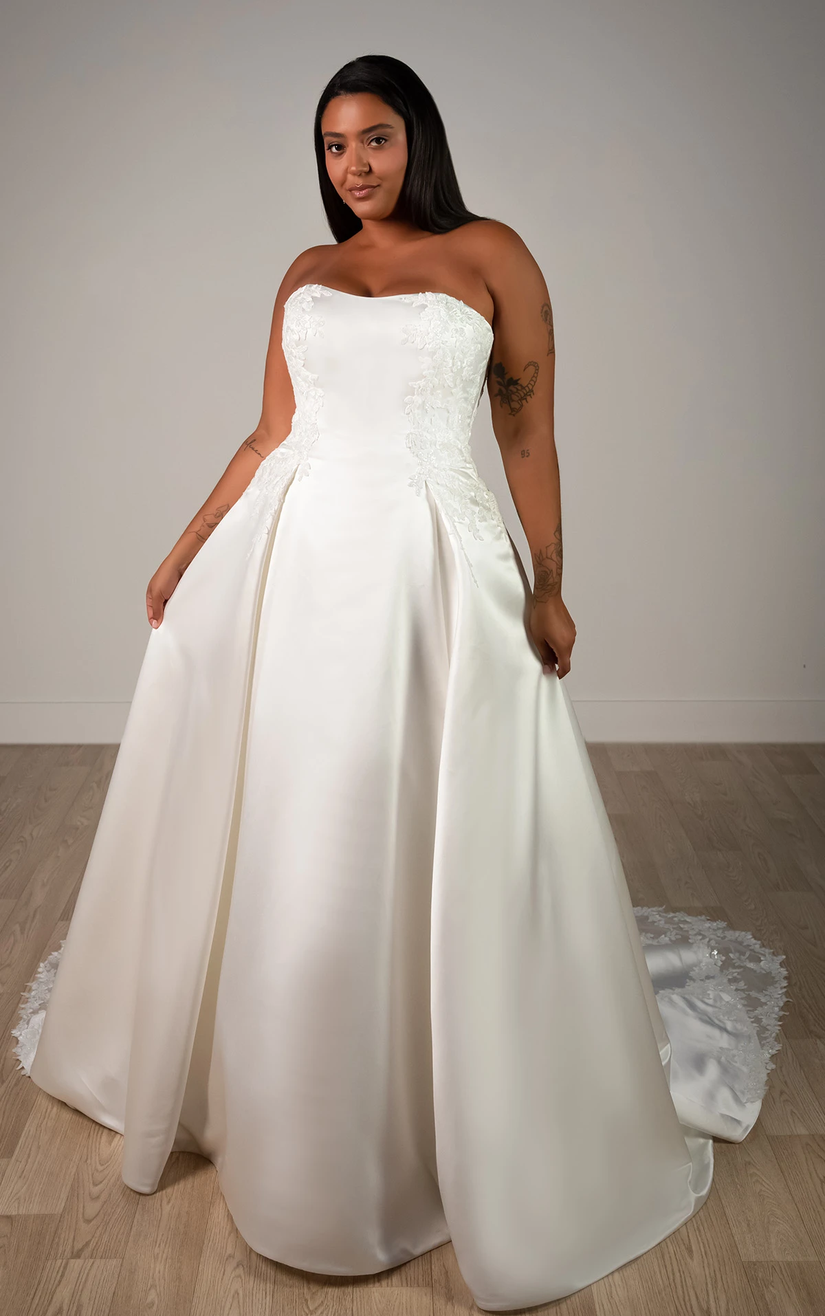 sy8279+ Plus Size Strapless Lace and Grand Satin A-Line Wedding Gown with Scalloped Cutout Train  by Stella York