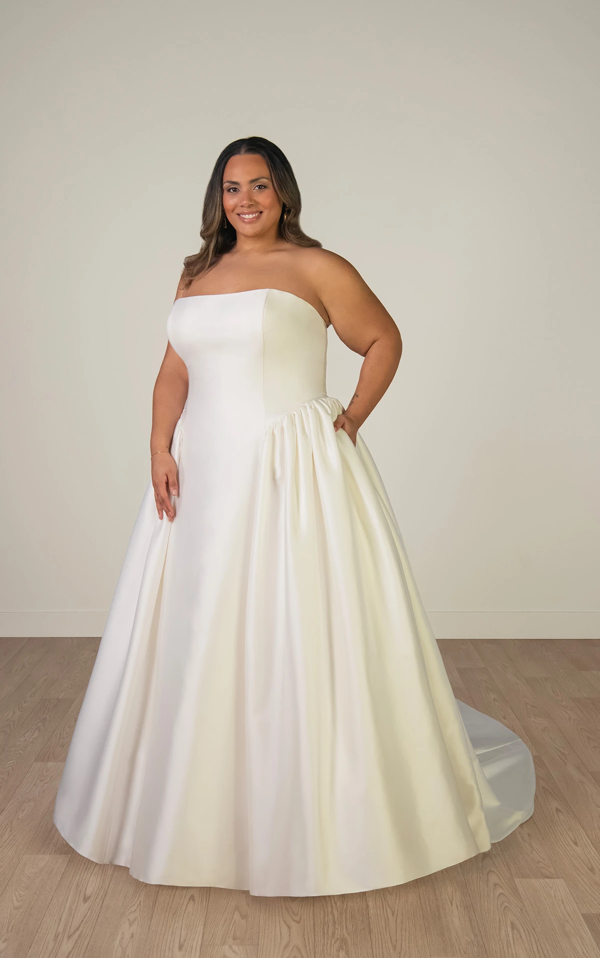 sy8288+ Plus Size Off-the-Shoulder Satin A-Line Wedding Gown with Floral Neckline and Pockets  by Stella York