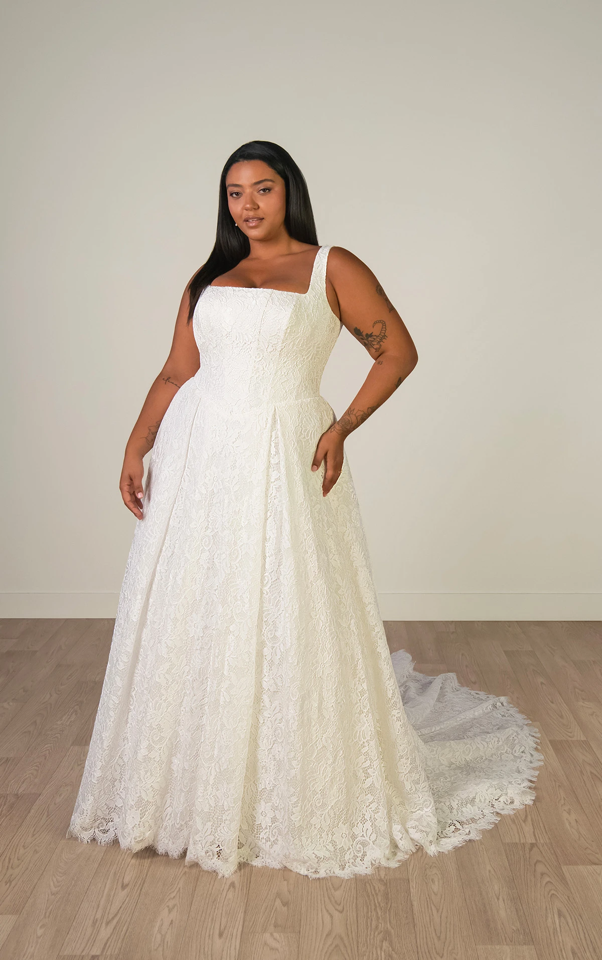 sy8344+ Plus Size Square Neckline Allover Lace A-Line Wedding Gown with Corset Bodice  by Stella York