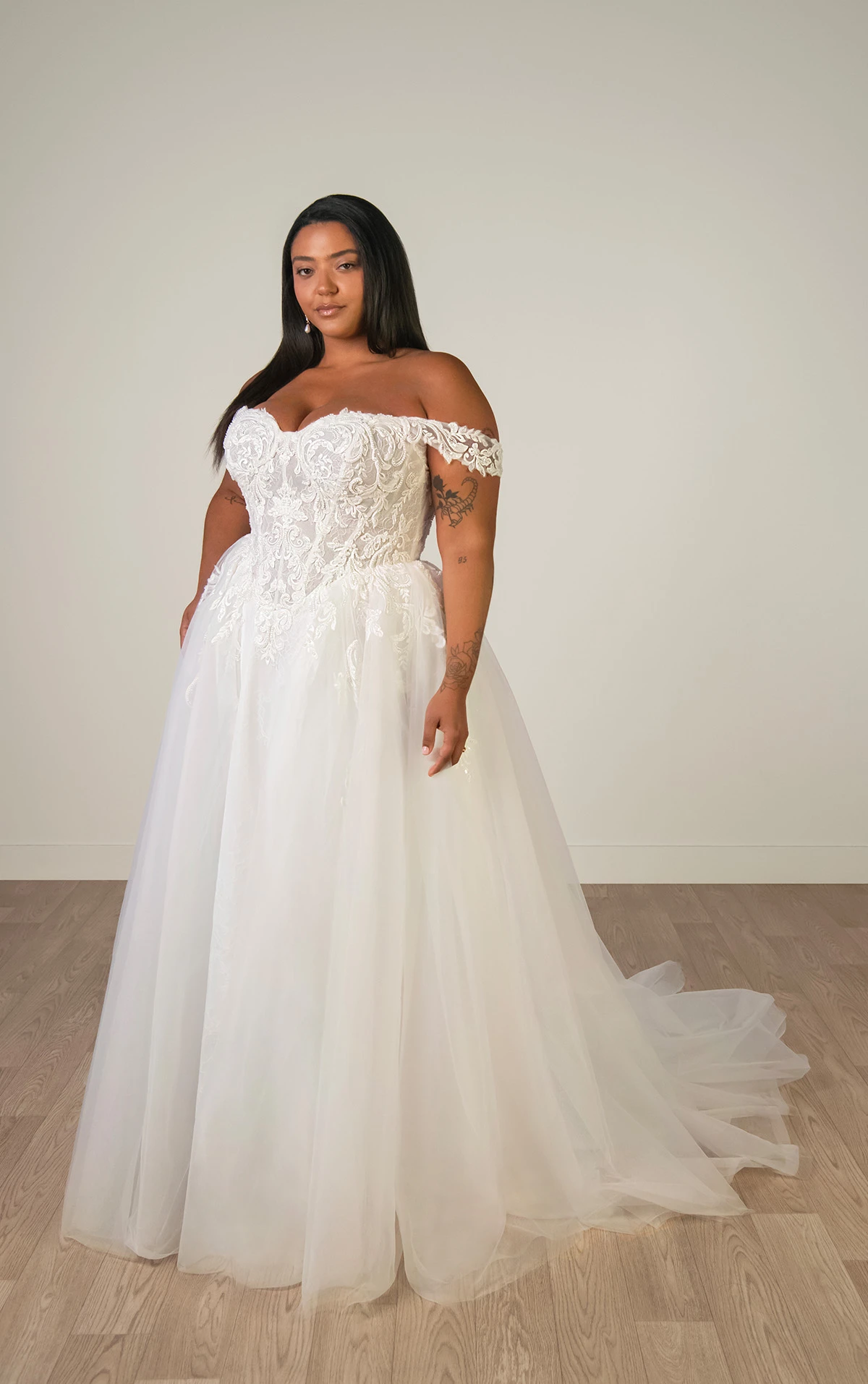 sy8345+ Plus Size Off-the-Shoulder Lace and Tulle A-Line Wedding Gown with Detachable Floral Straps  by Stella York