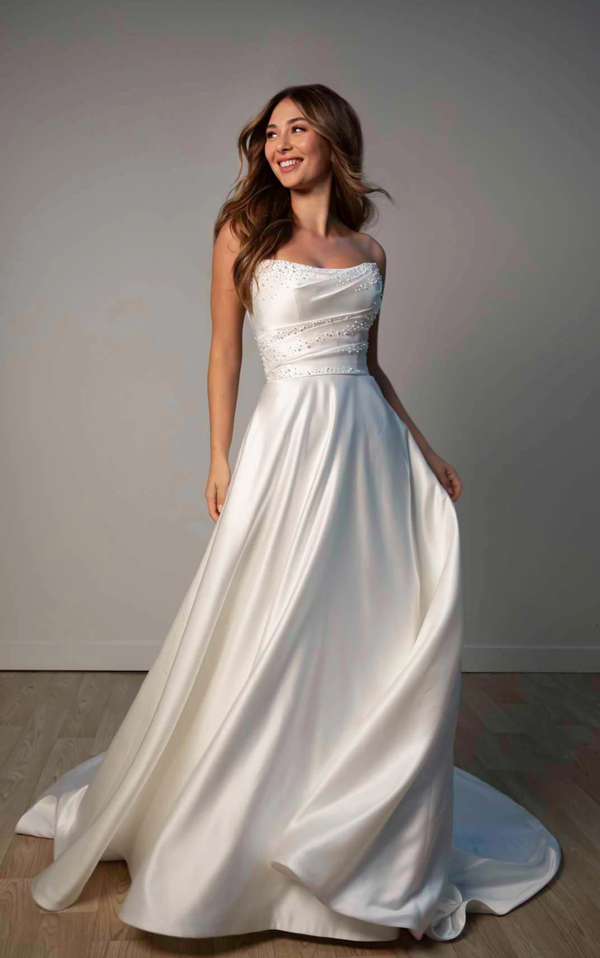 sy8318 Strapless Satin A-Line Wedding Gown with Pearlescent Beading and Pockets  by Stella York