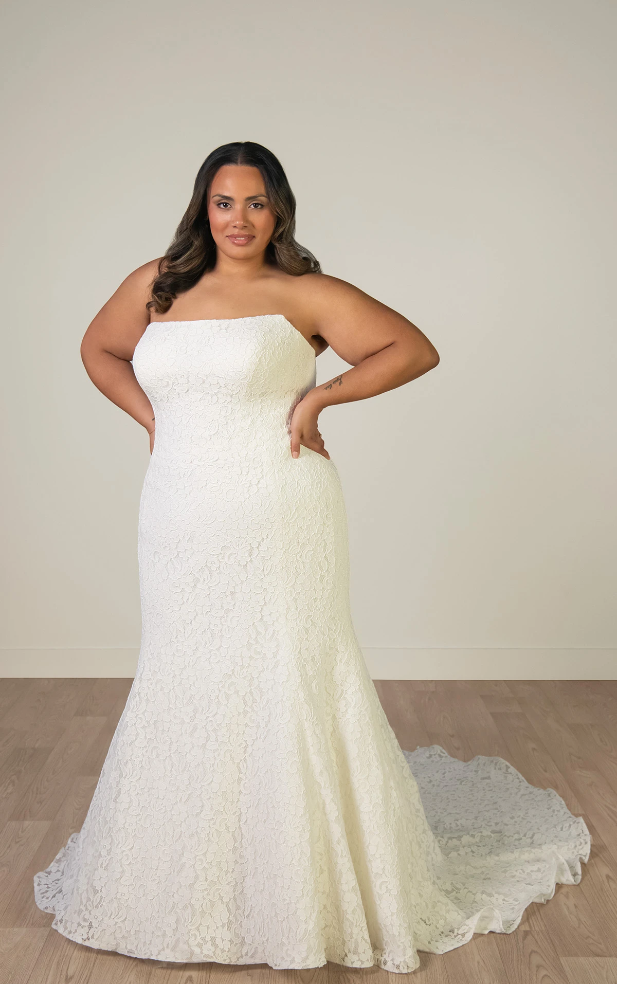 sy8306+ Plus Size Strapless Lace Mermaid Wedding Gown with Scalloped Edge  by Stella York