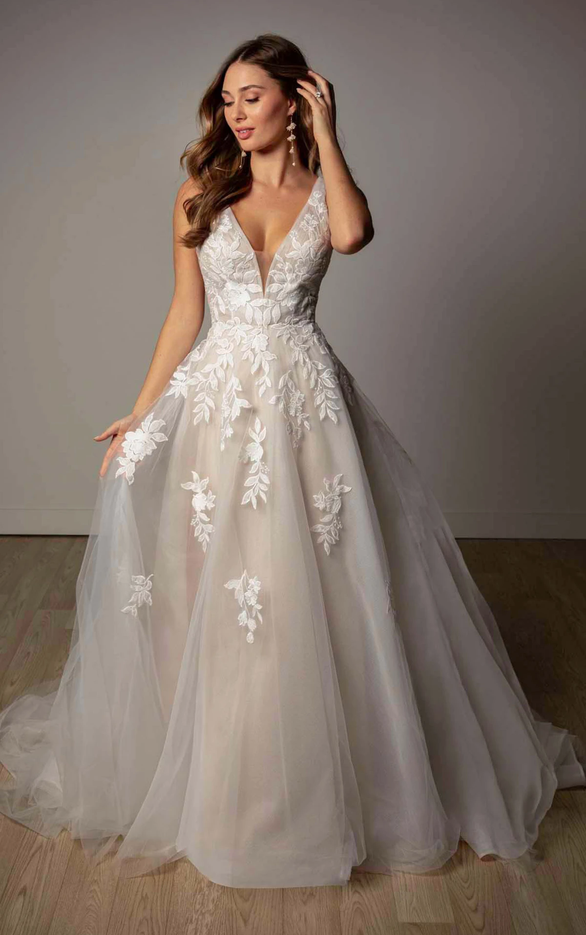 sy8316 V-Neckline Lace and Tulle A-Line Wedding Gown with Plunge Illusion Details  by Stella York