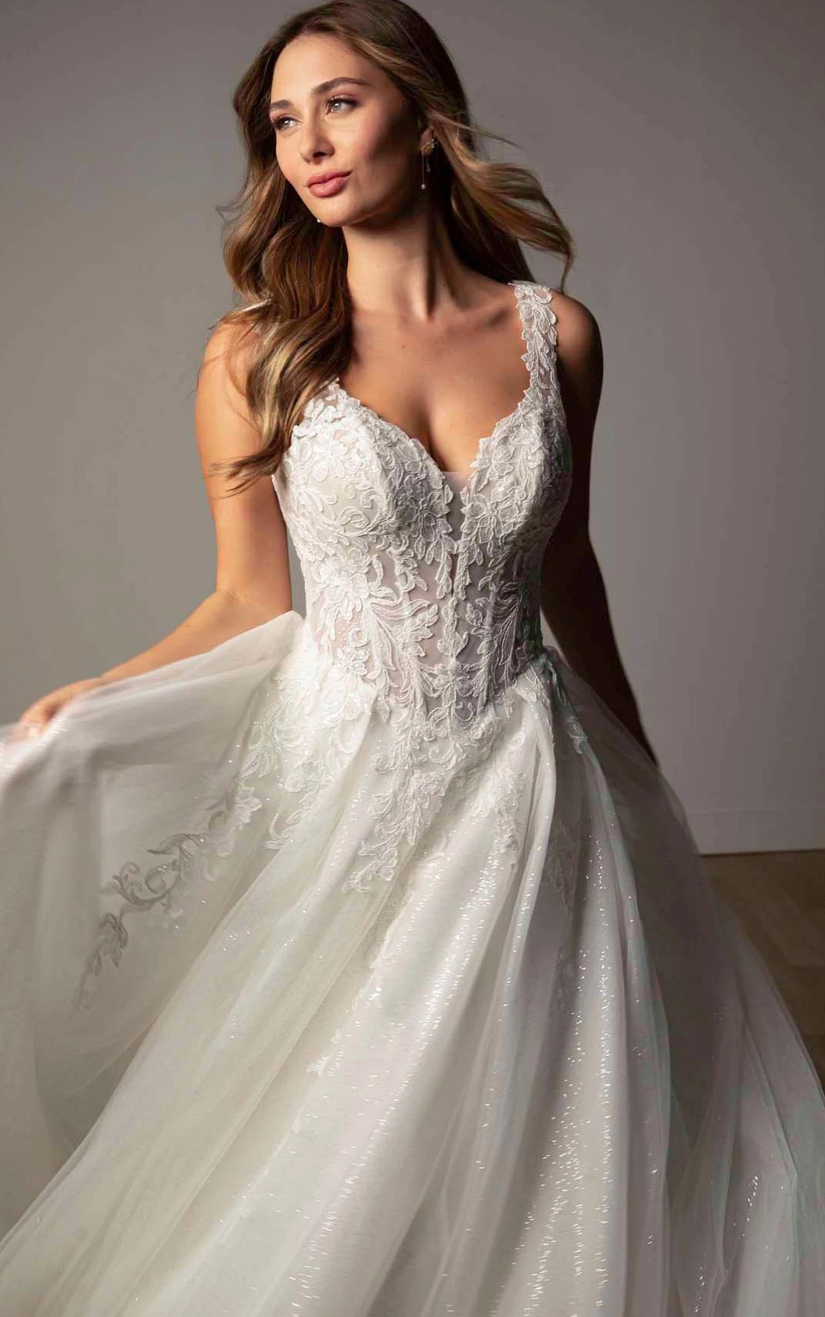 sy8314 Sparkle Tulle and Lace A-Line Wedding Gown with Corset Bodice and Plunge V-Neckline  by Stella York