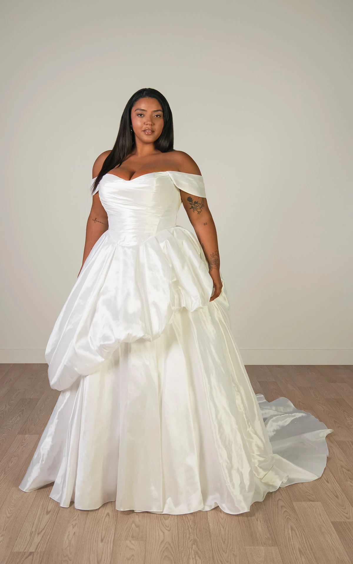 sy8309+ Plus Size Off-the-Shoulder Shimmering Organza Ballgown with Ruched Bodice and Pickups  by Stella York