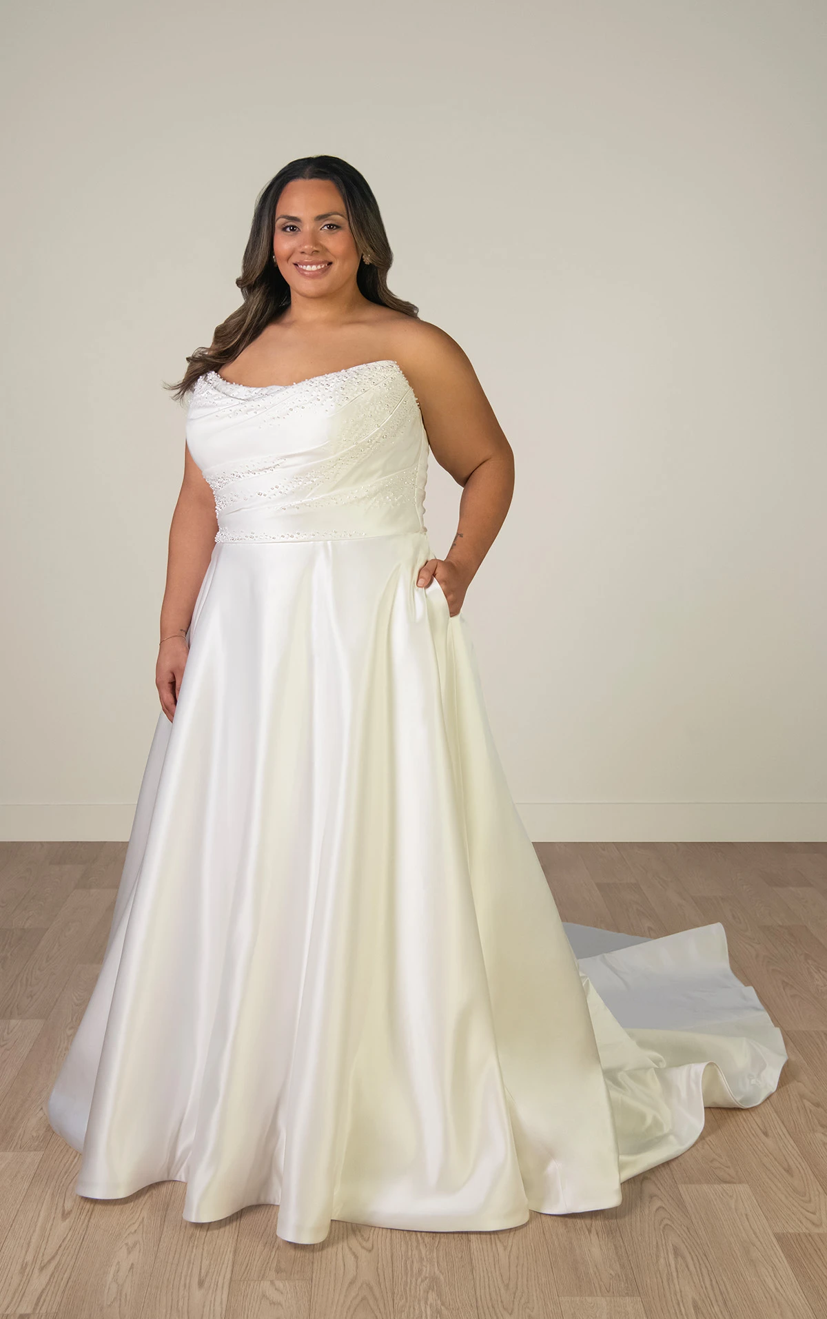 sy8318+ Plus Size Strapless Satin A-Line Wedding Gown with Pearlescent Beading and Pockets  by Stella York