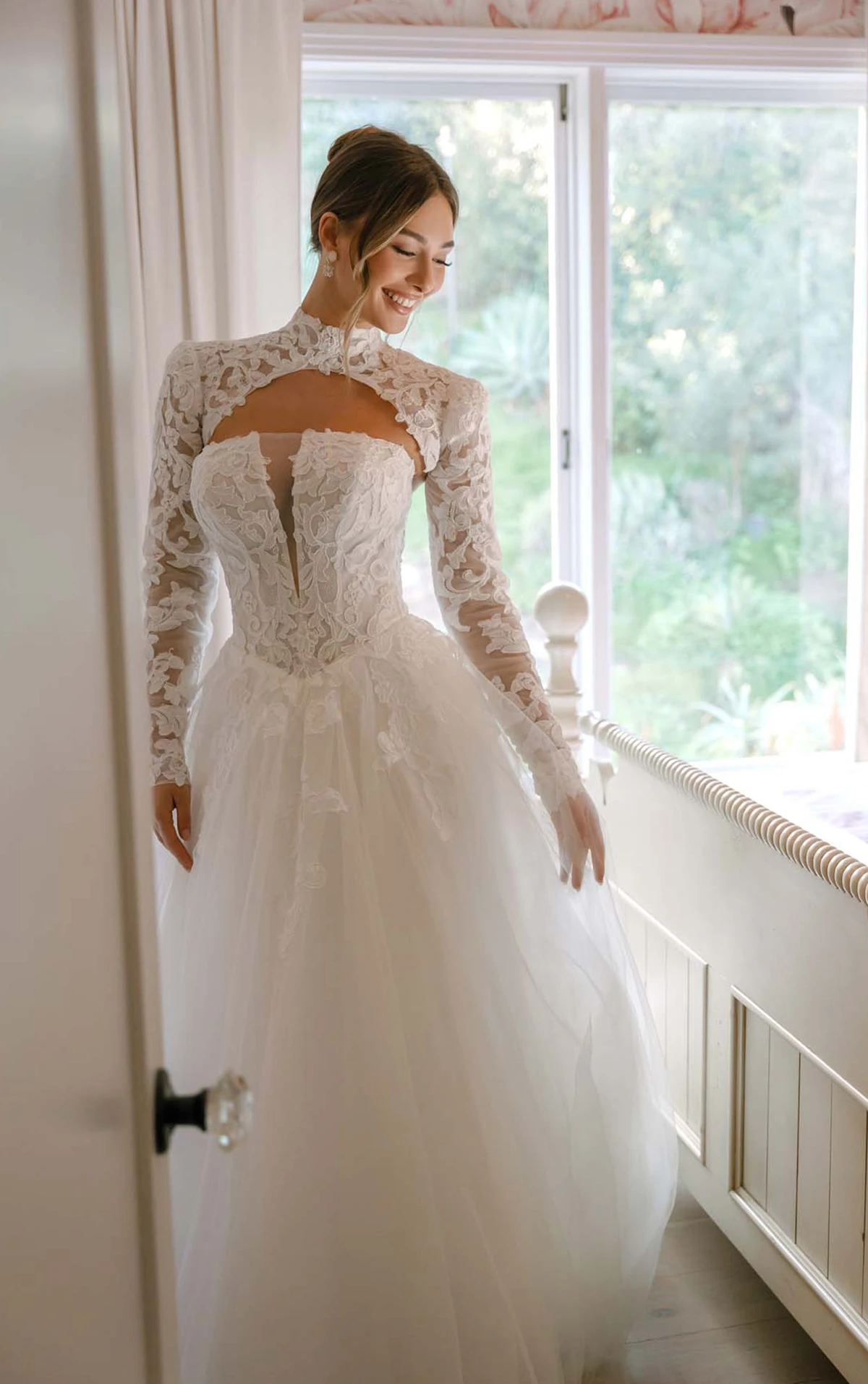 A-Linien-Brautkleid aus Spitze und Tüll mit tiefem Ausschnitt und abnehmbarem High-Neck-Body, SY8324, byStella York