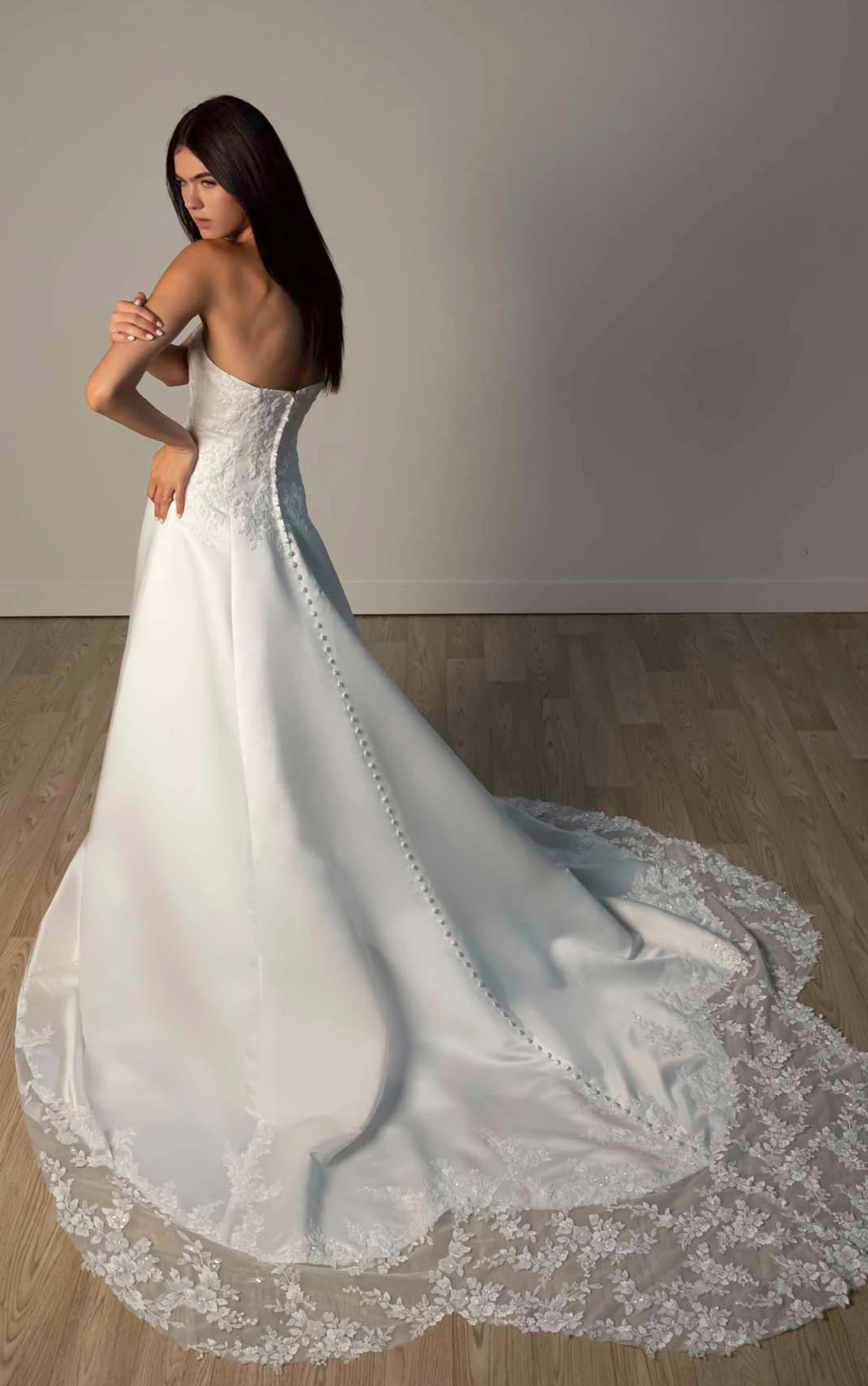 sy8279 Strapless Lace and Grand Satin A-Line Wedding Gown with Scalloped Cutout Train  by Stella York