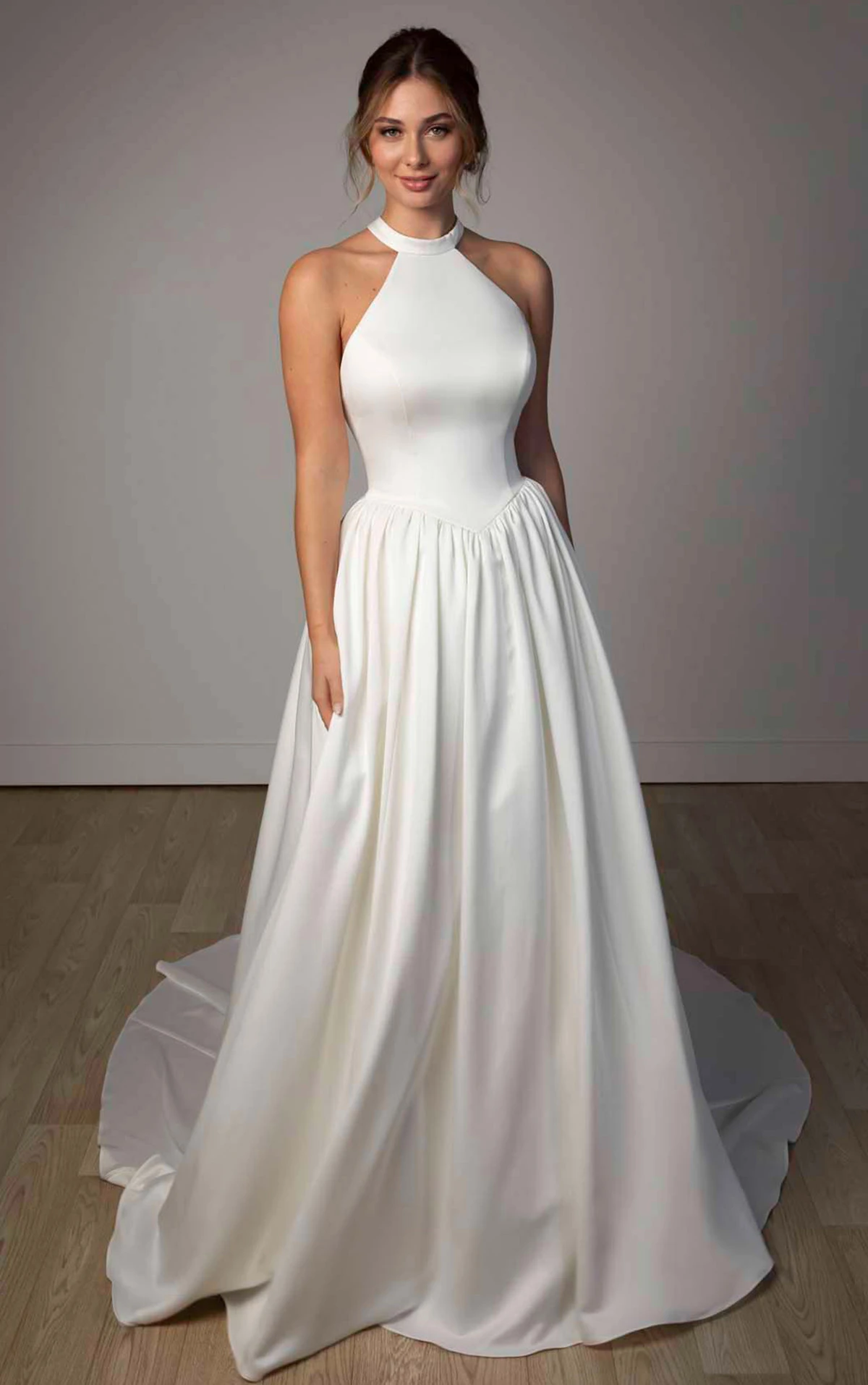 sy8273 Halter Neck Satin A-Line Wedding Gown with Keyhole Back and Pockets  by Stella York
