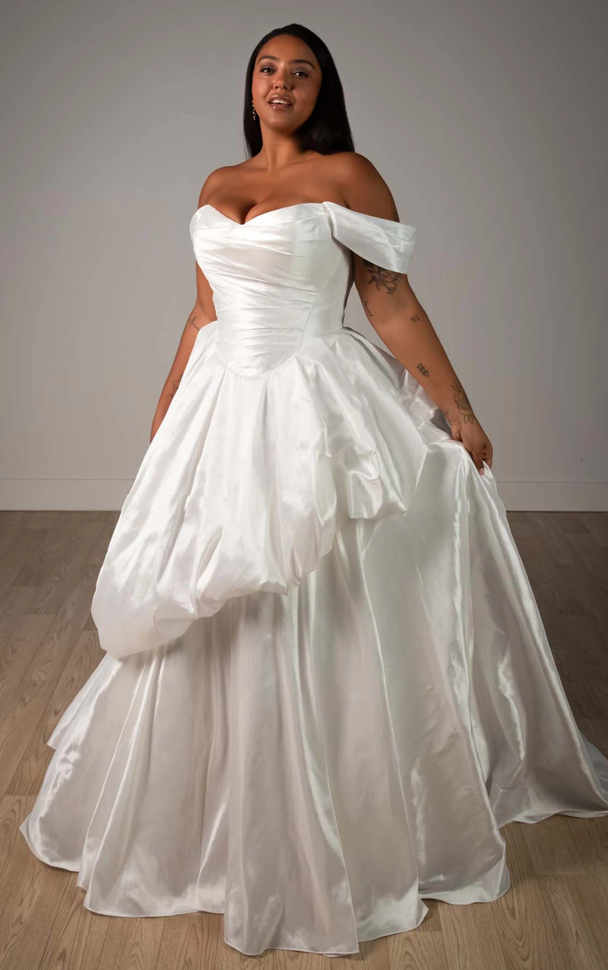 sy8309+ Plus Size Off-the-Shoulder Shimmering Organza Ballgown with Ruched Bodice and Pickups  by Stella York