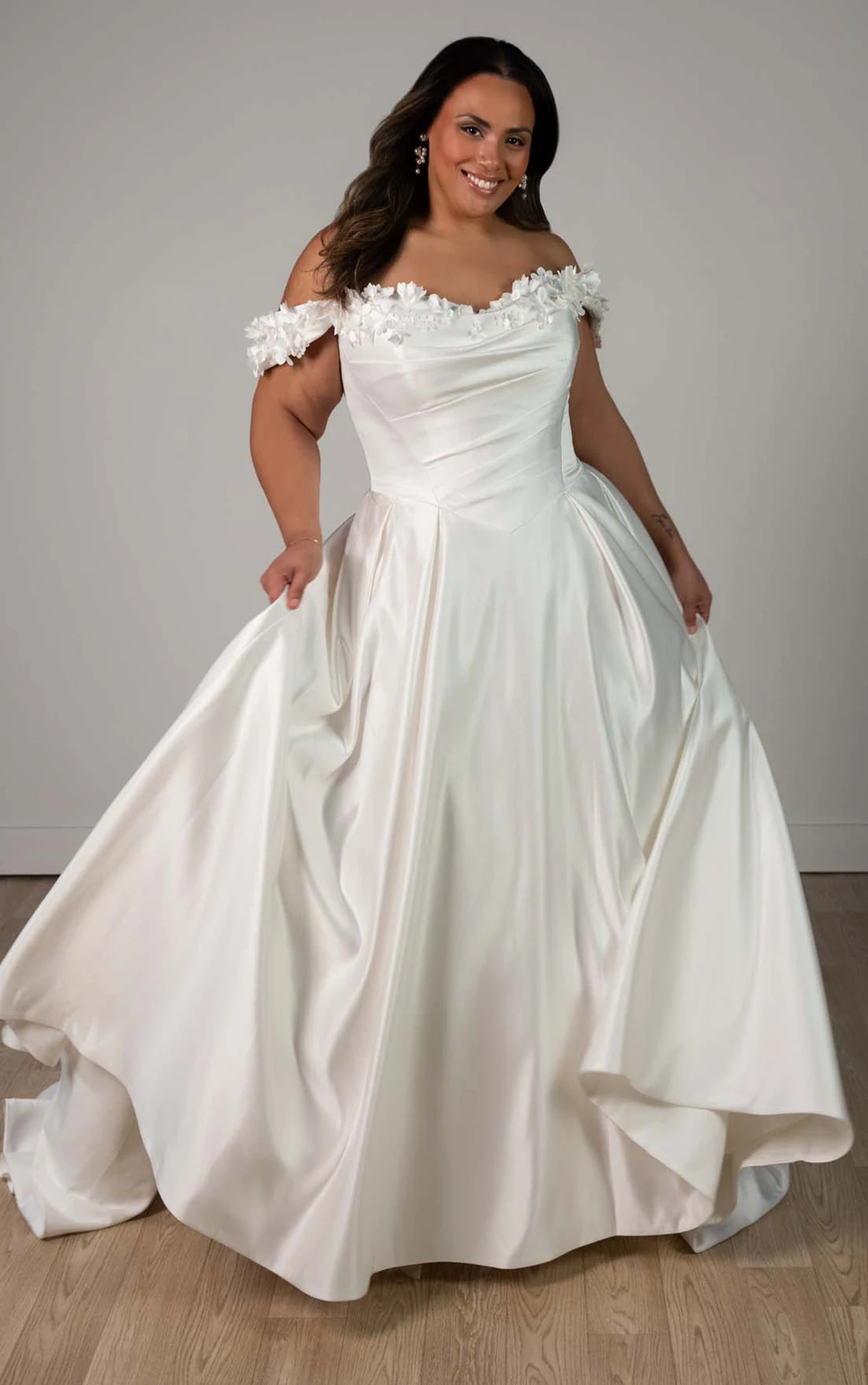 Plus Size Off-the-Shoulder Satin A-Line Wedding Gown with Floral Neckline and Pockets, SY8288+, byStella York