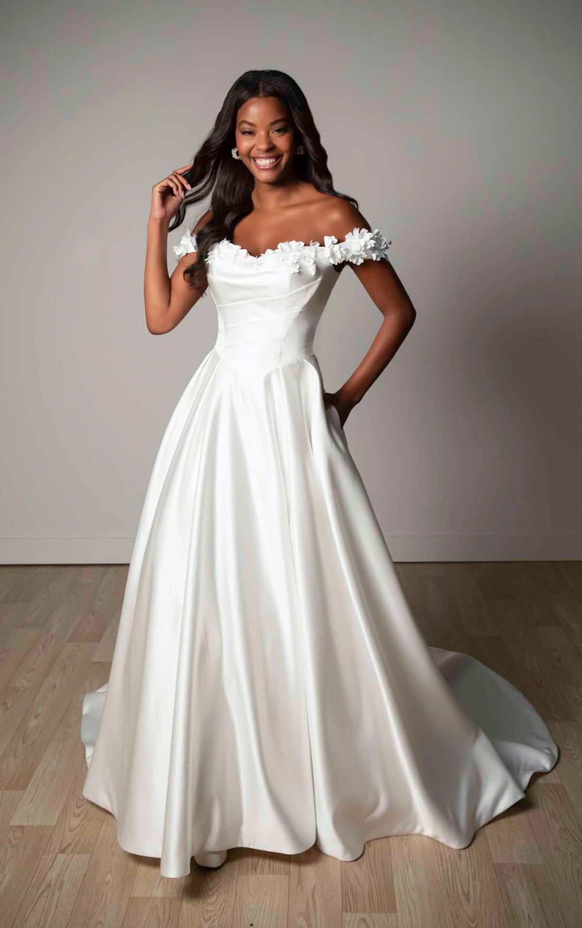 Off-the-Shoulder Satin A-Line Wedding Gown with Floral Neckline and Pockets, SY8288, byStella York