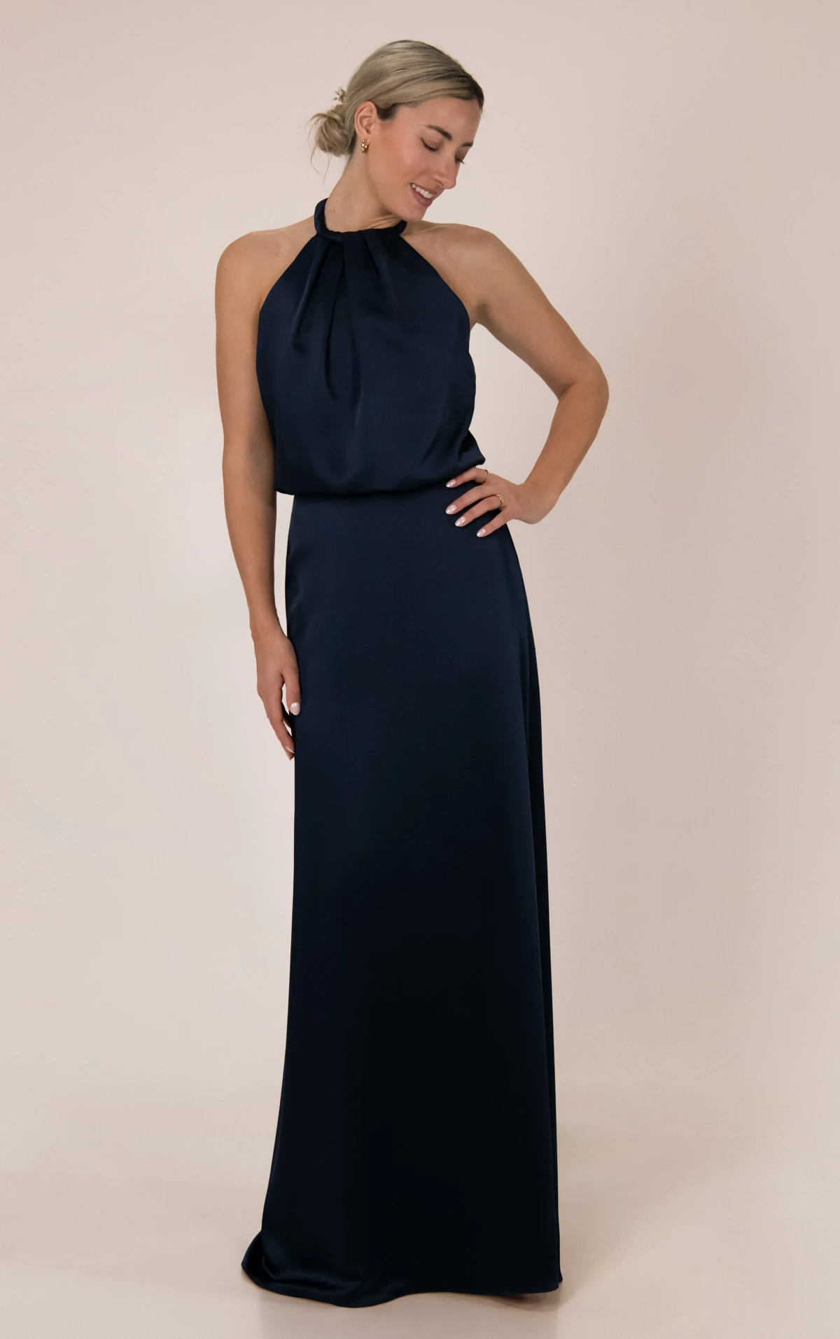 9700 High-Neck Halter Charmeuse Bridesmaid Gown With Blouson Bodice by Sorella Vita