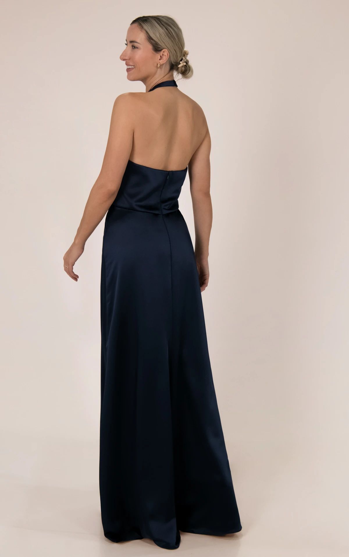 9700 High-Neck Halter Charmeuse Bridesmaid Gown With Blouson Bodice by Sorella Vita