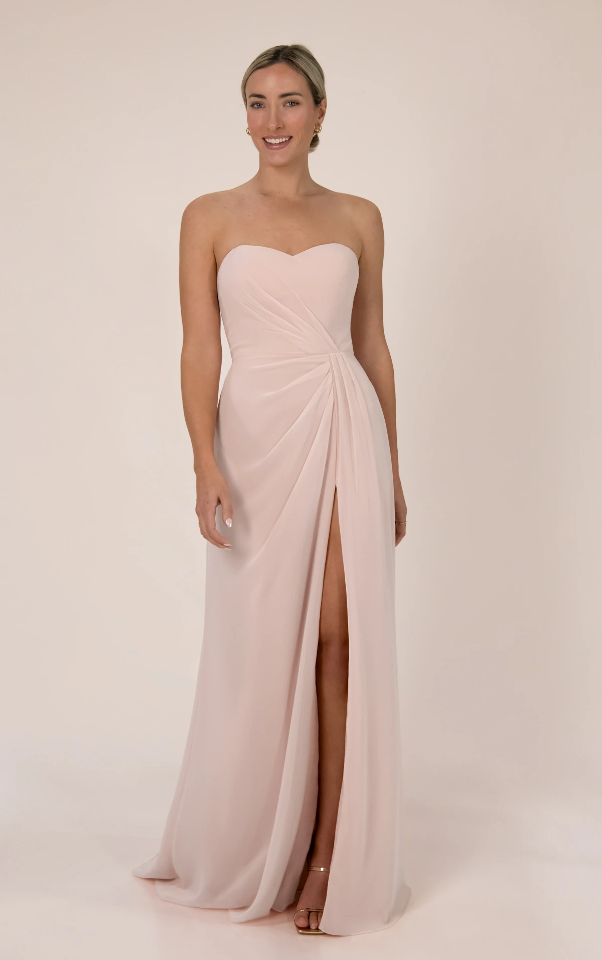 9874 Strapless Sweetheart Chiffon Bridesmaid Gown with Asymmetrical Ruching and Side Slit by Sorella Vita
