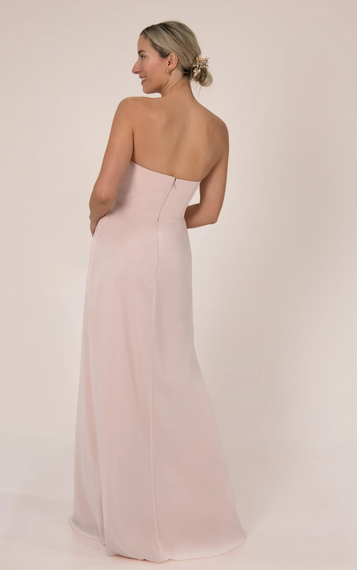 9874 Strapless Sweetheart Chiffon Bridesmaid Gown with Asymmetrical Ruching and Side Slit by Sorella Vita