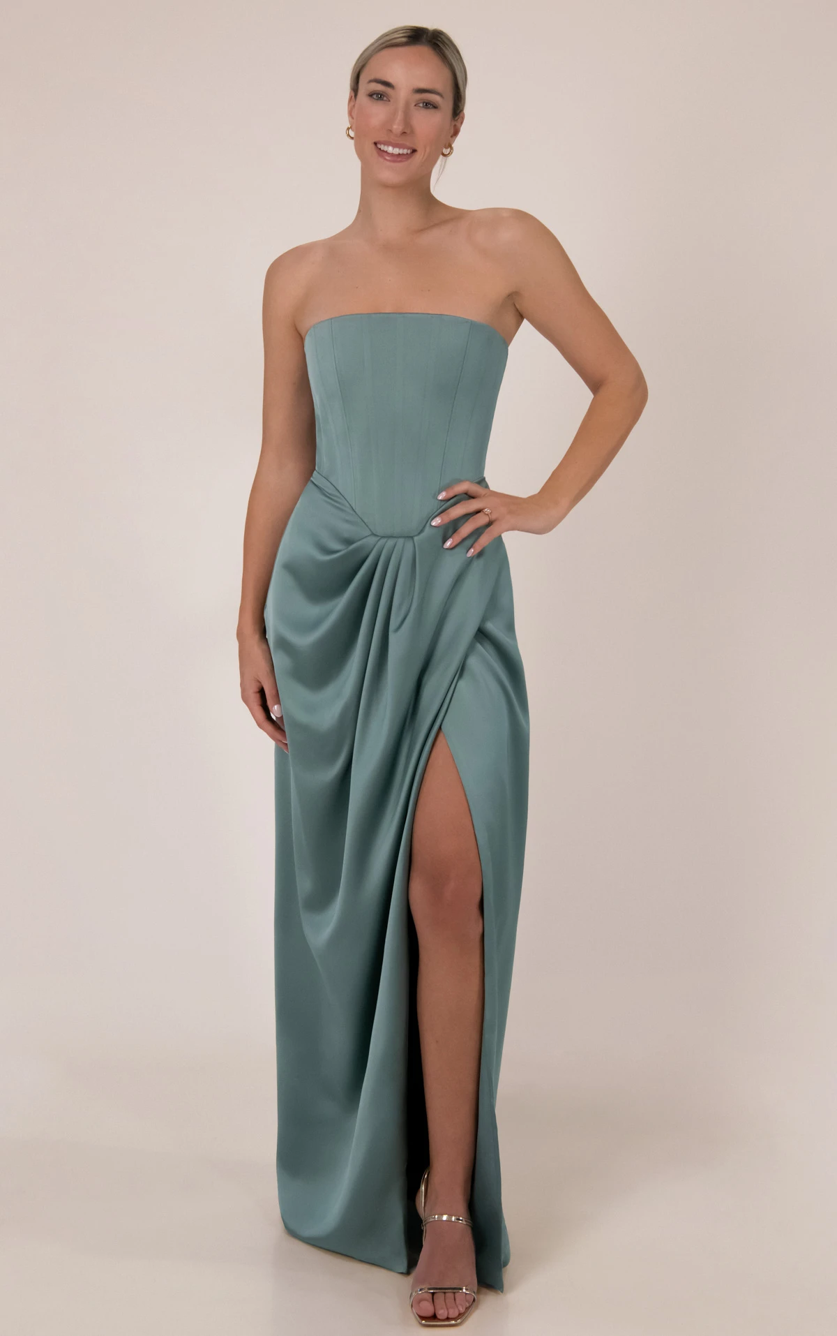 9908 Strapless Column Charmeuse Bridesmaid Gown With Sculpted Waist Draping by Sorella Vita