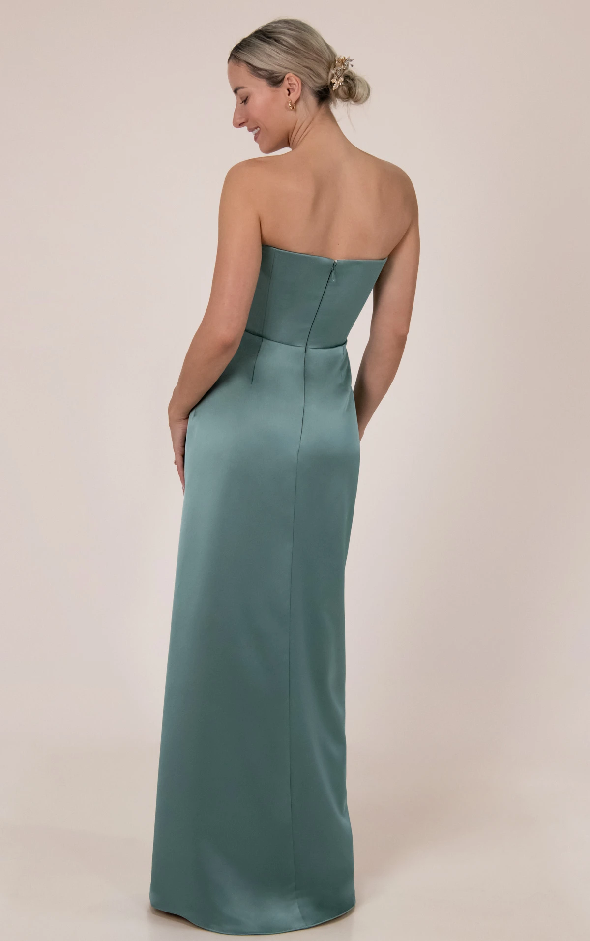 9908 Strapless Column Charmeuse Bridesmaid Gown With Sculpted Waist Draping by Sorella Vita