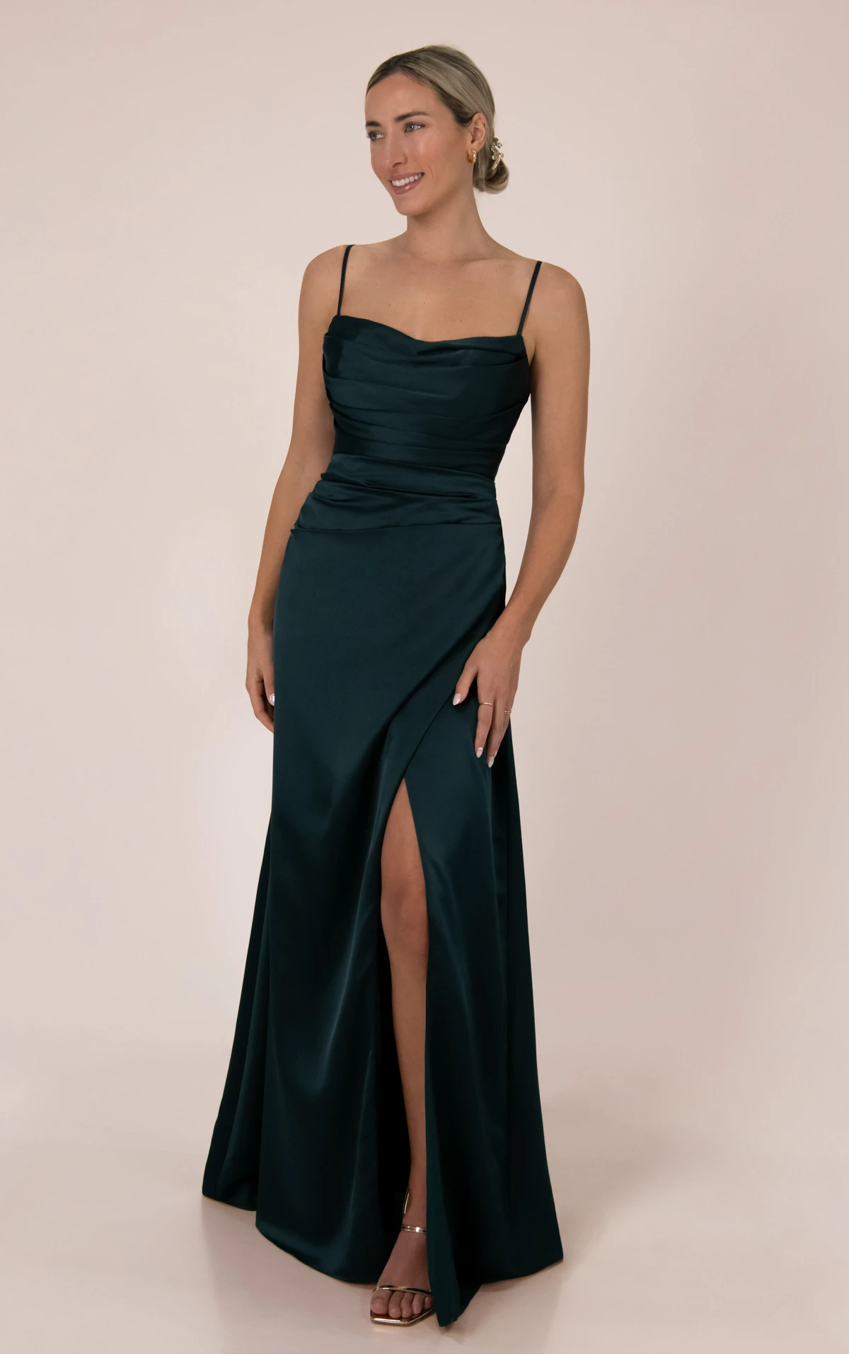 9910 Spaghetti Strap Charmeuse Bridesmaid Gown with Ruched Cowl Neckline by Sorella Vita