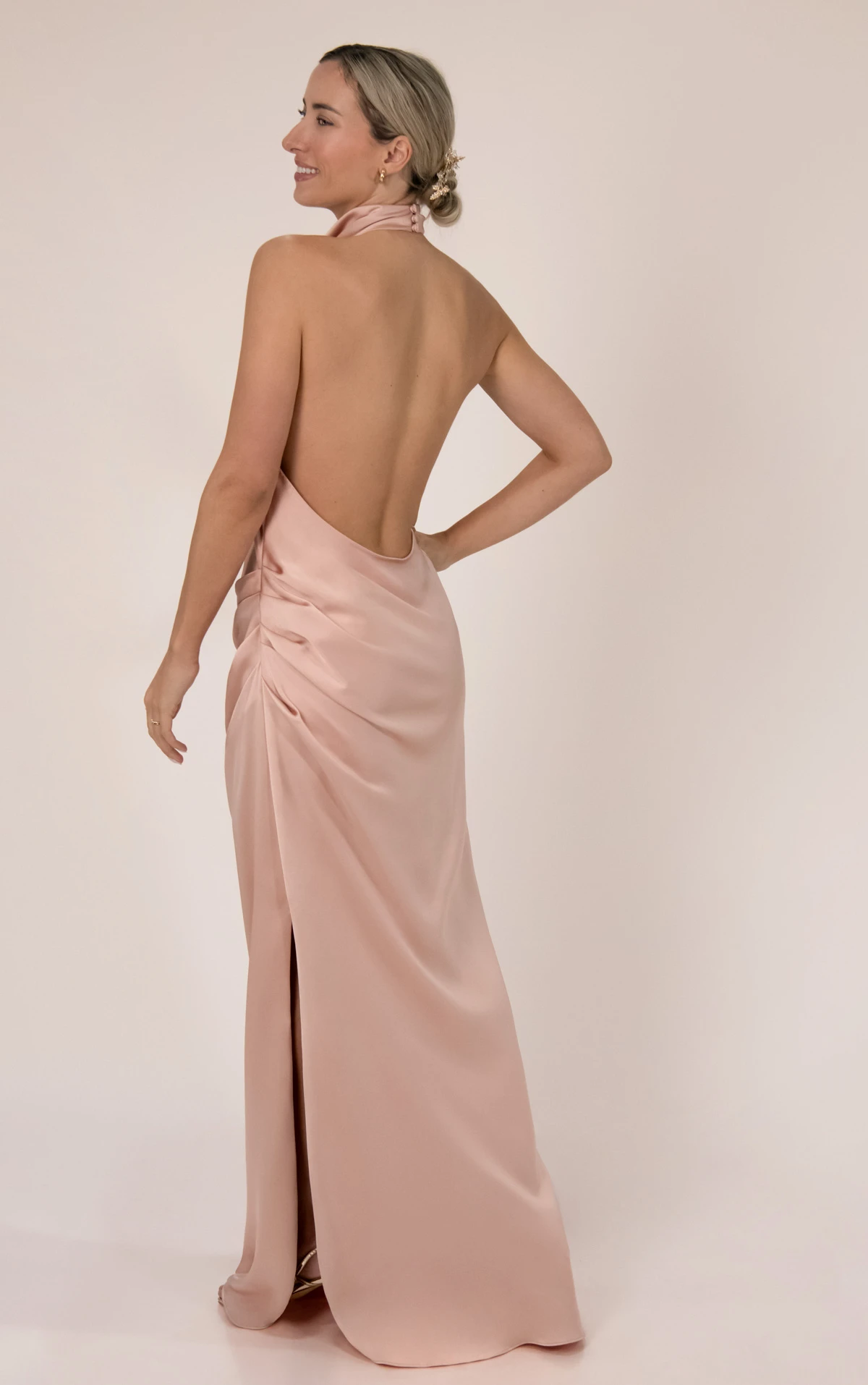 9914 High-Neck Halter Charmeuse Bridesmaid Gown With Open Back by Sorella Vita