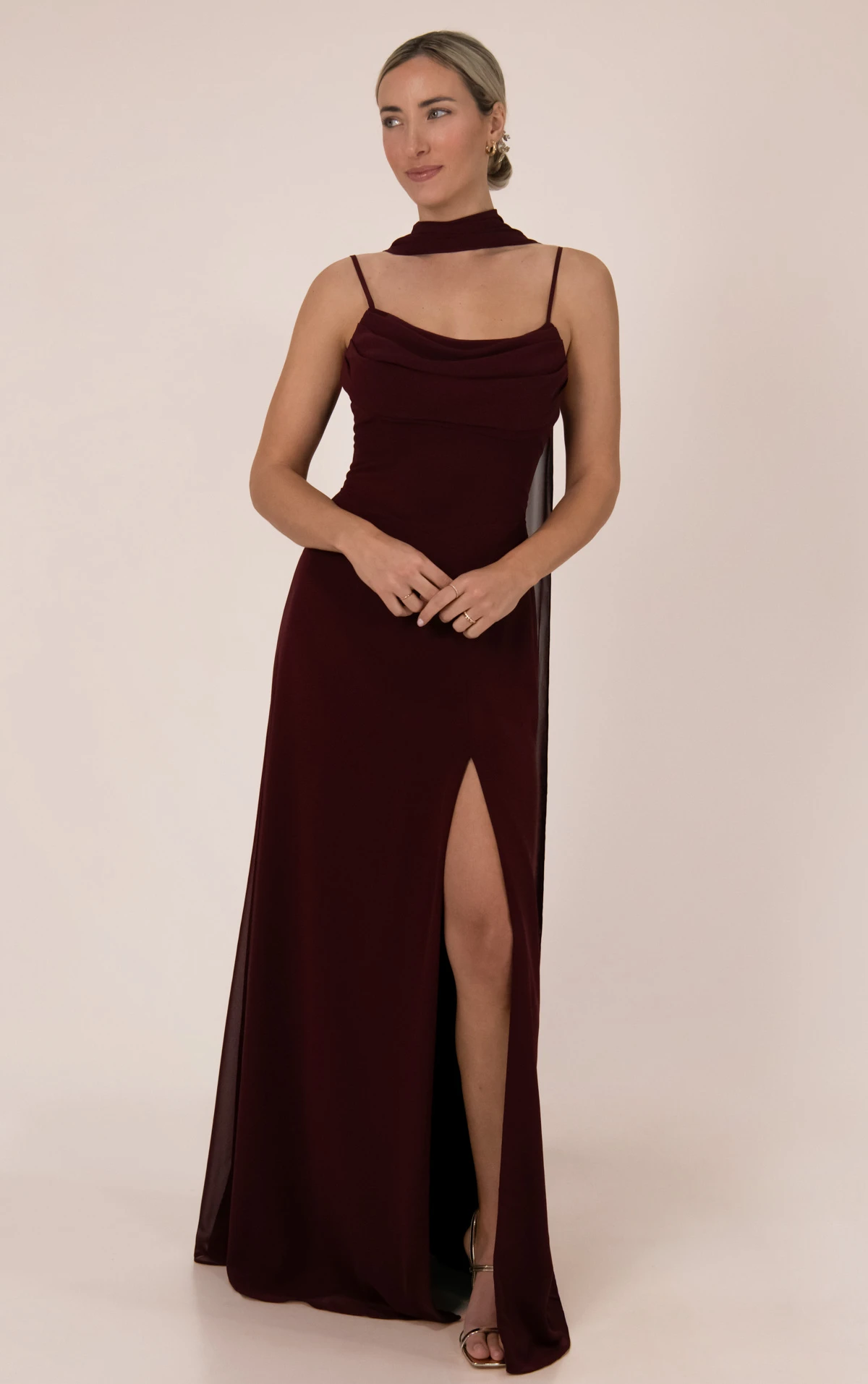 9916 Spaghetti Strap Chiffon Bridesmaid Gown with Cowl Neckline and Removable Long Scarf by Sorella Vita