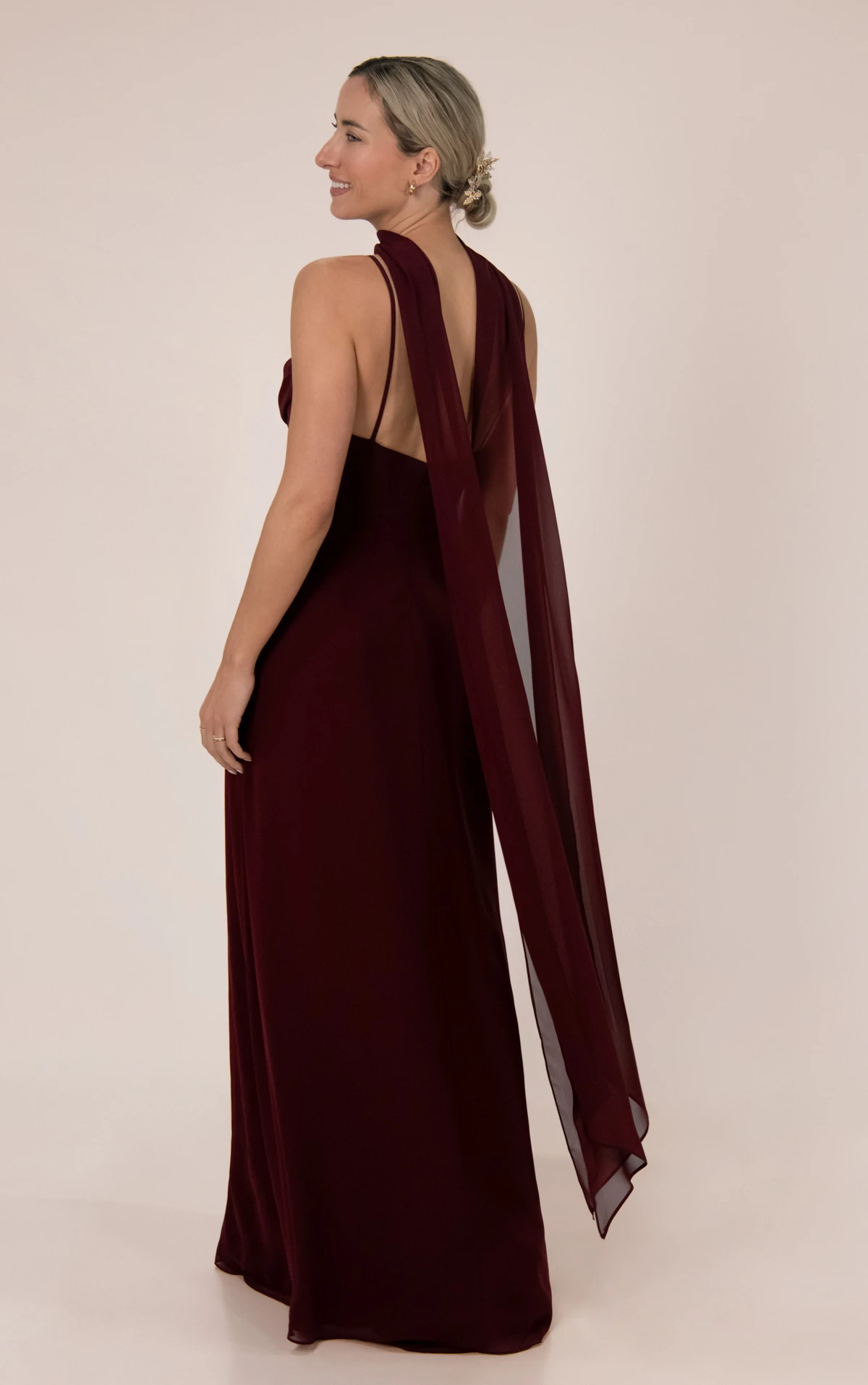 9916 Spaghetti Strap Chiffon Bridesmaid Gown with Cowl Neckline and Removable Long Scarf by Sorella Vita