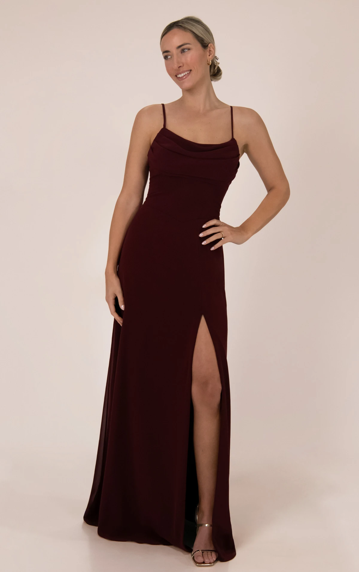 9916 Spaghetti Strap Chiffon Bridesmaid Gown with Cowl Neckline and Removable Long Scarf by Sorella Vita