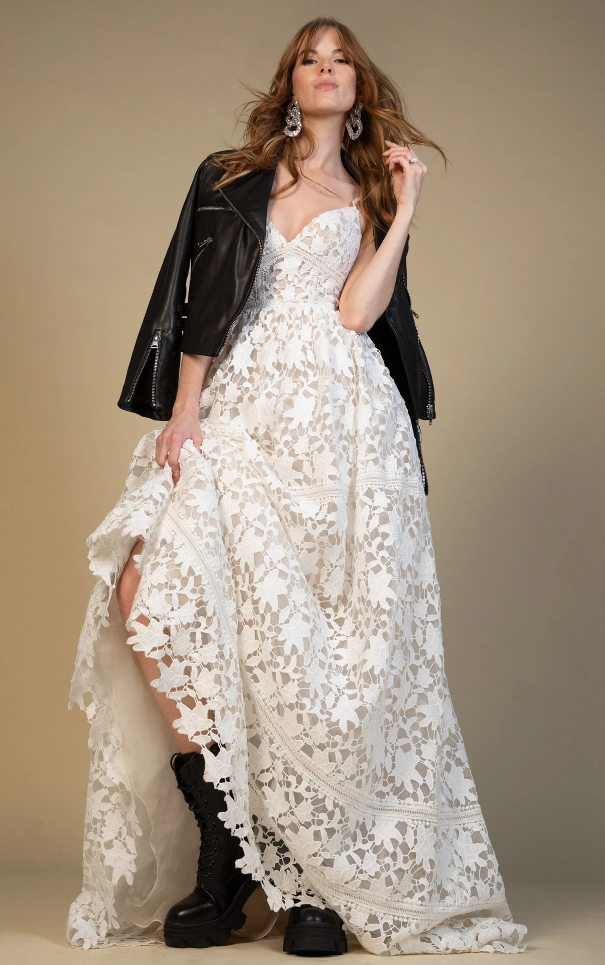calla Graphic Lace and Tulle A-Line Wedding Gown with Tiered Skirt and Open Back by All Who Wander