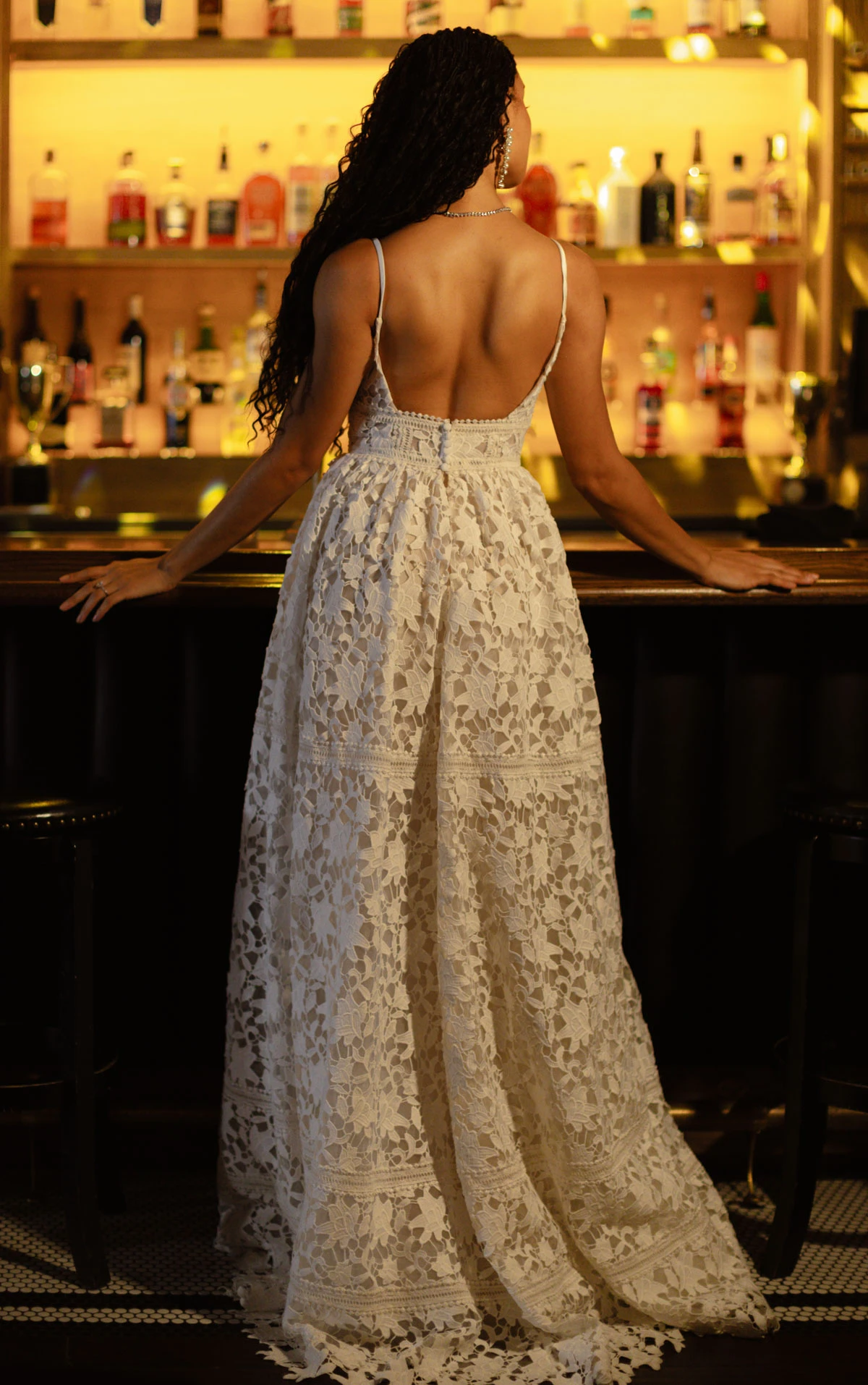 calla Graphic Lace and Tulle A-Line Wedding Gown with Tiered Skirt and Open Back by All Who Wander