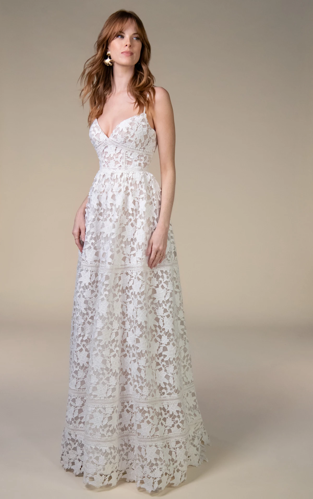 calla Graphic Lace and Tulle A-Line Wedding Gown with Tiered Skirt and Open Back by All Who Wander