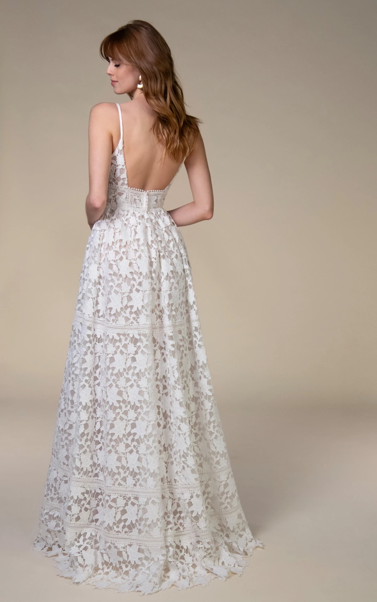 calla Graphic Lace and Tulle A-Line Wedding Gown with Tiered Skirt and Open Back by All Who Wander