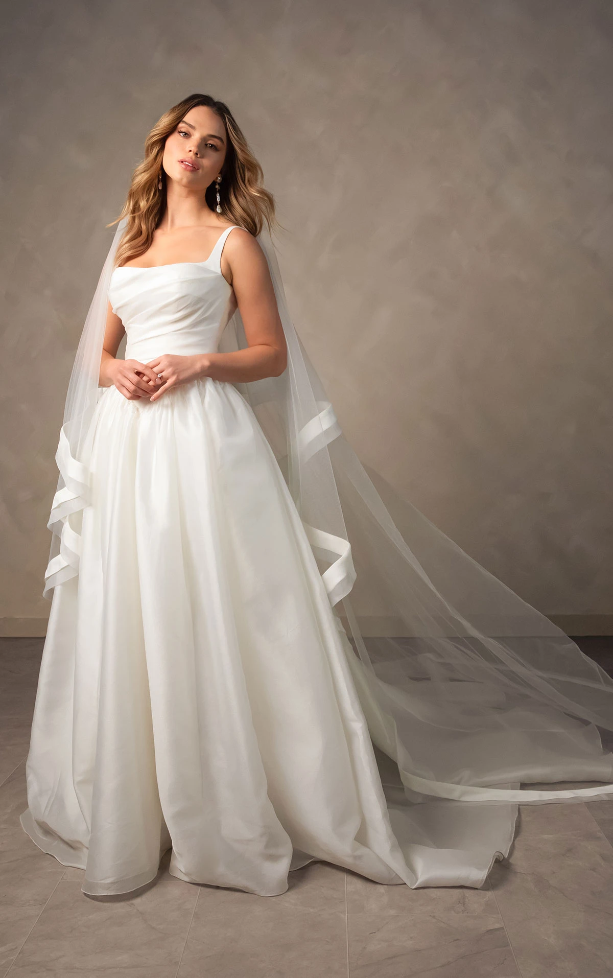 d4484 Modern Square Neckline A-Line Wedding Dress with Draped Bodice and Basque Waist  by Essense of Australia